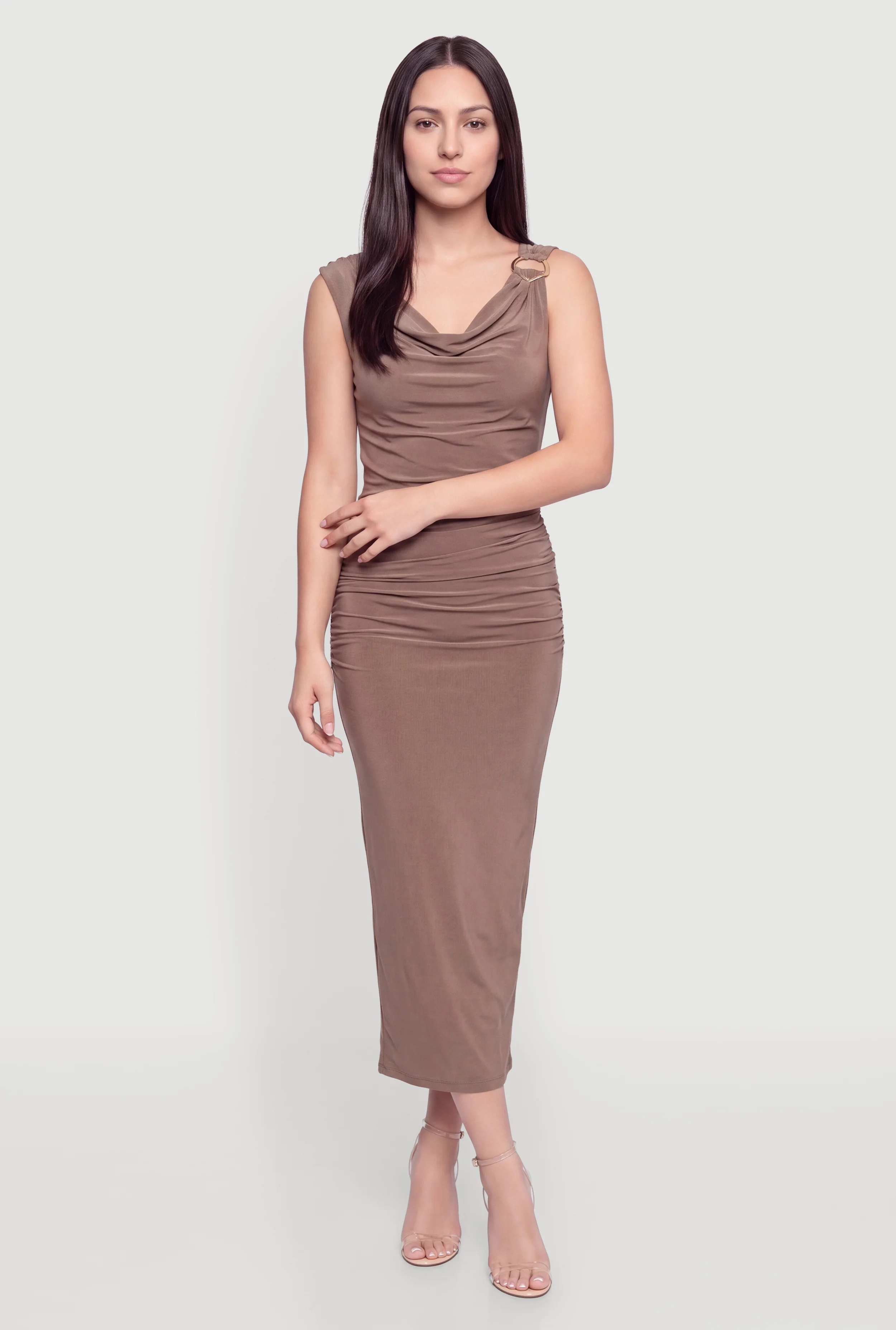Metallic Detail Cowl Neck Side Ruched Maxi Dress