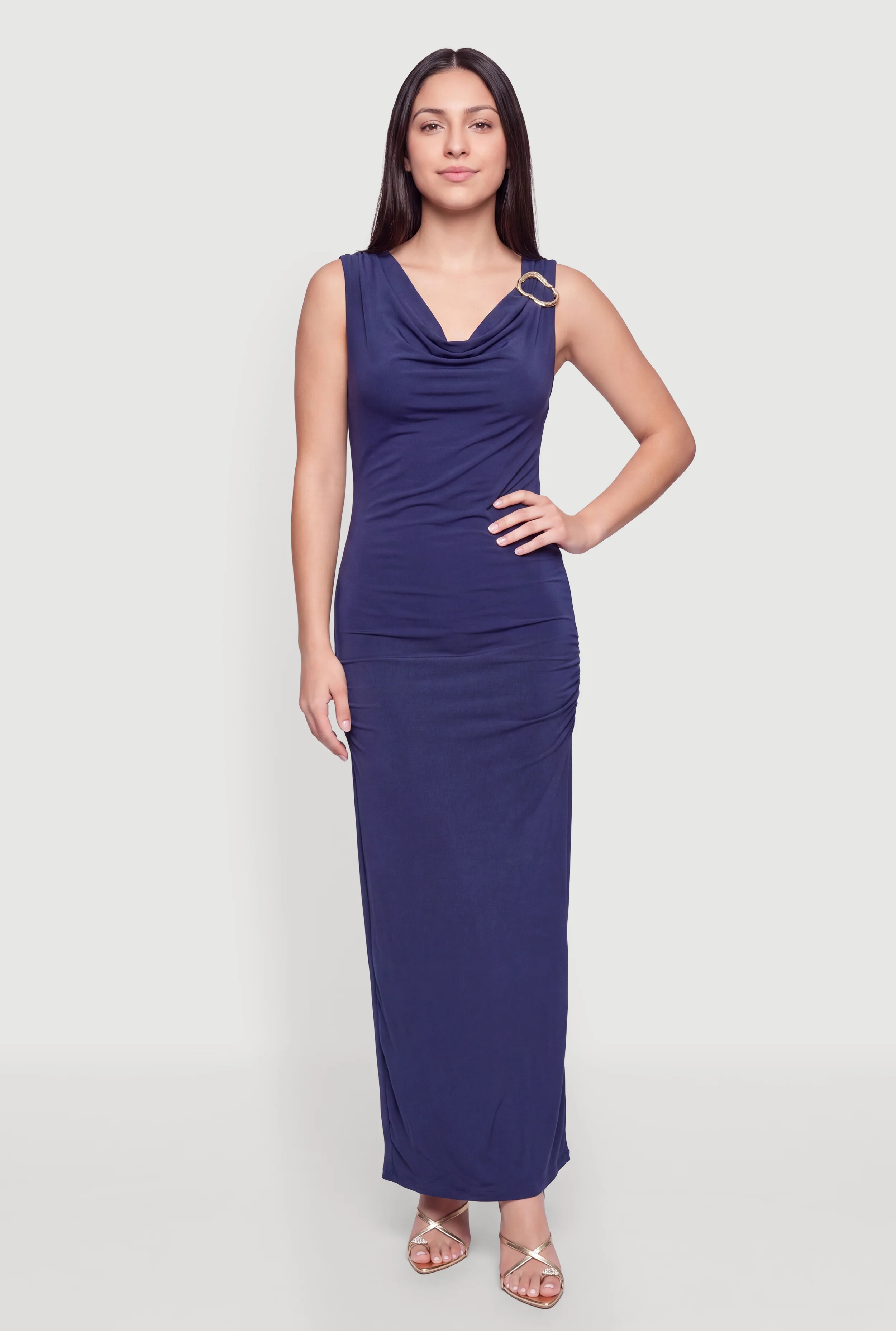 Metallic Detail Cowl Neck Side Ruched Maxi Dress