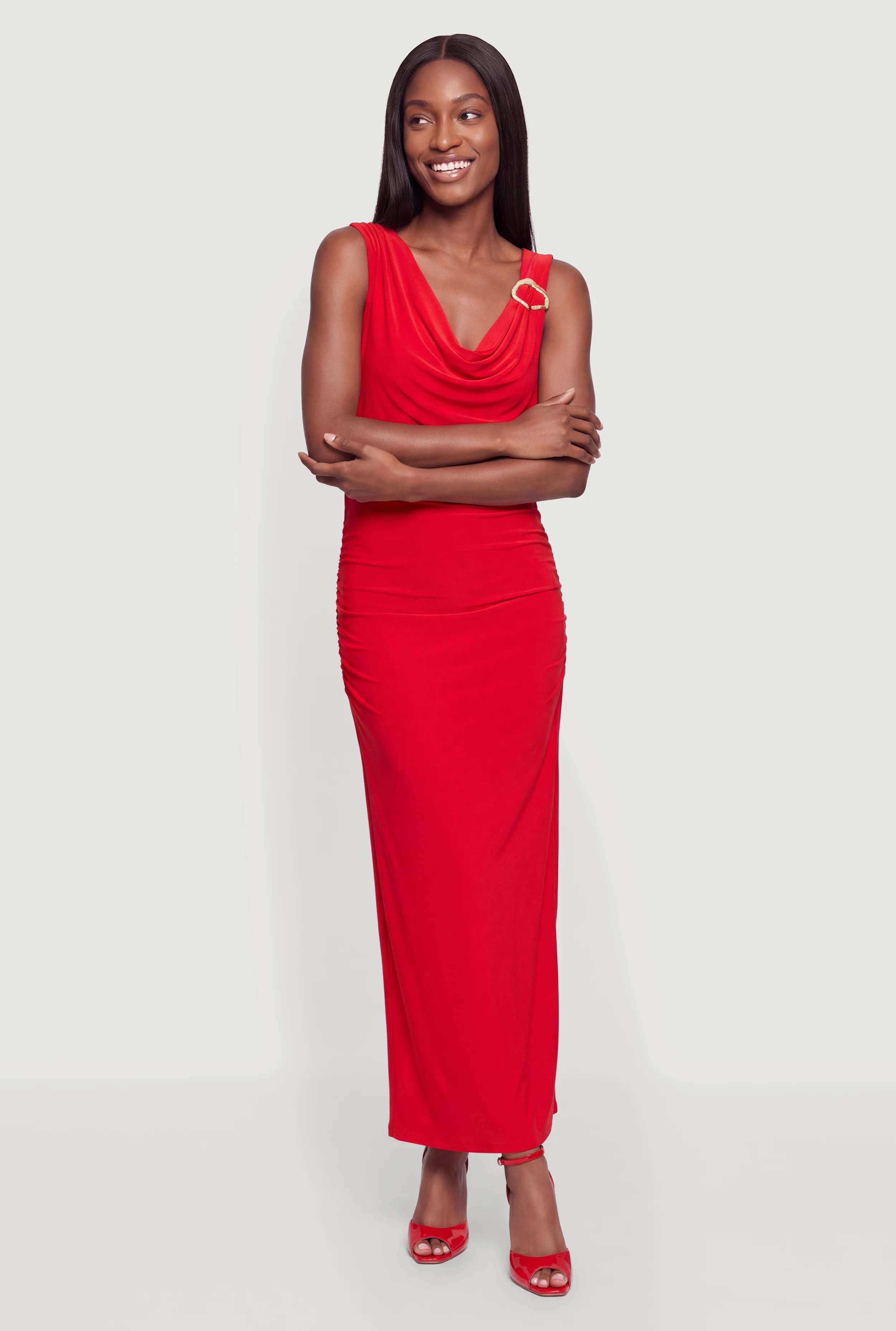 Metallic Detail Cowl Neck Side Ruched Maxi Dress