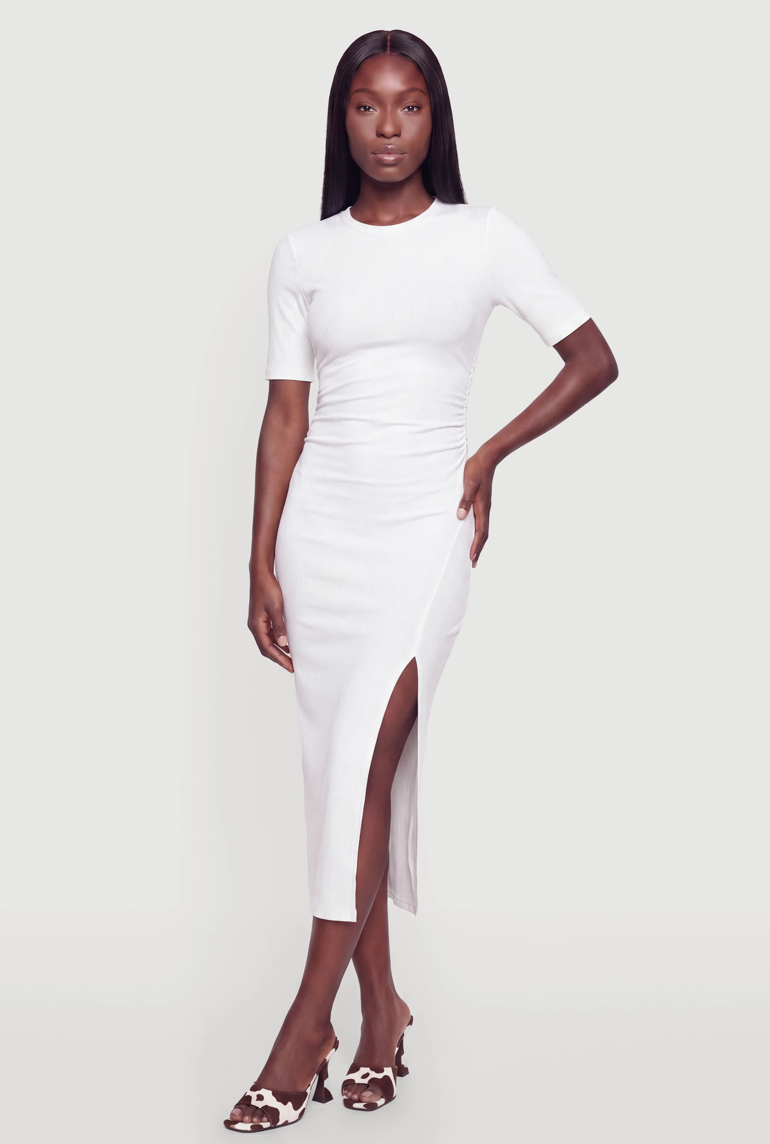 Ribbed Knit Crew Neck Short Sleeve Dress with Side Slit