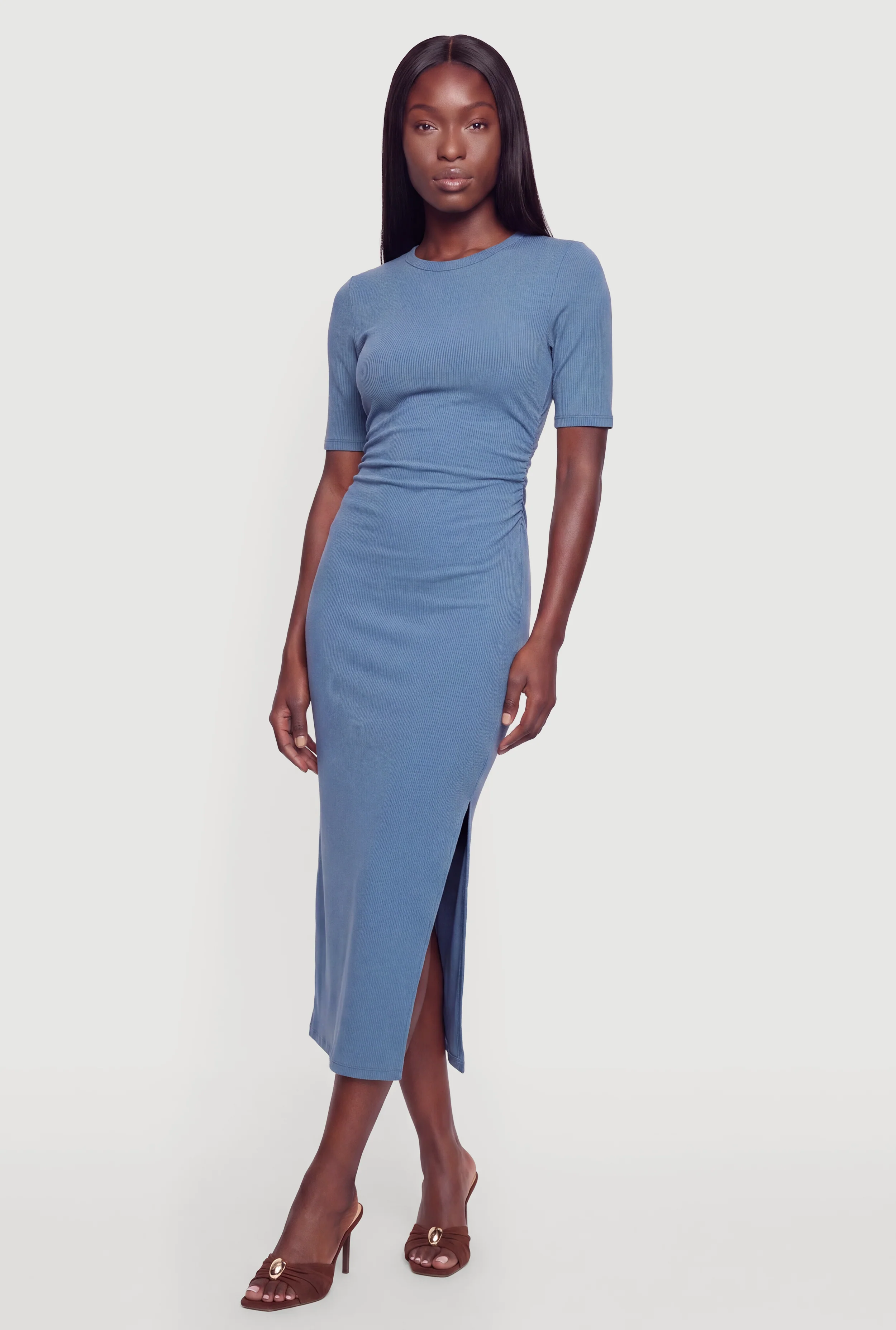 Ribbed Knit Crew Neck Short Sleeve Dress with Side Slit