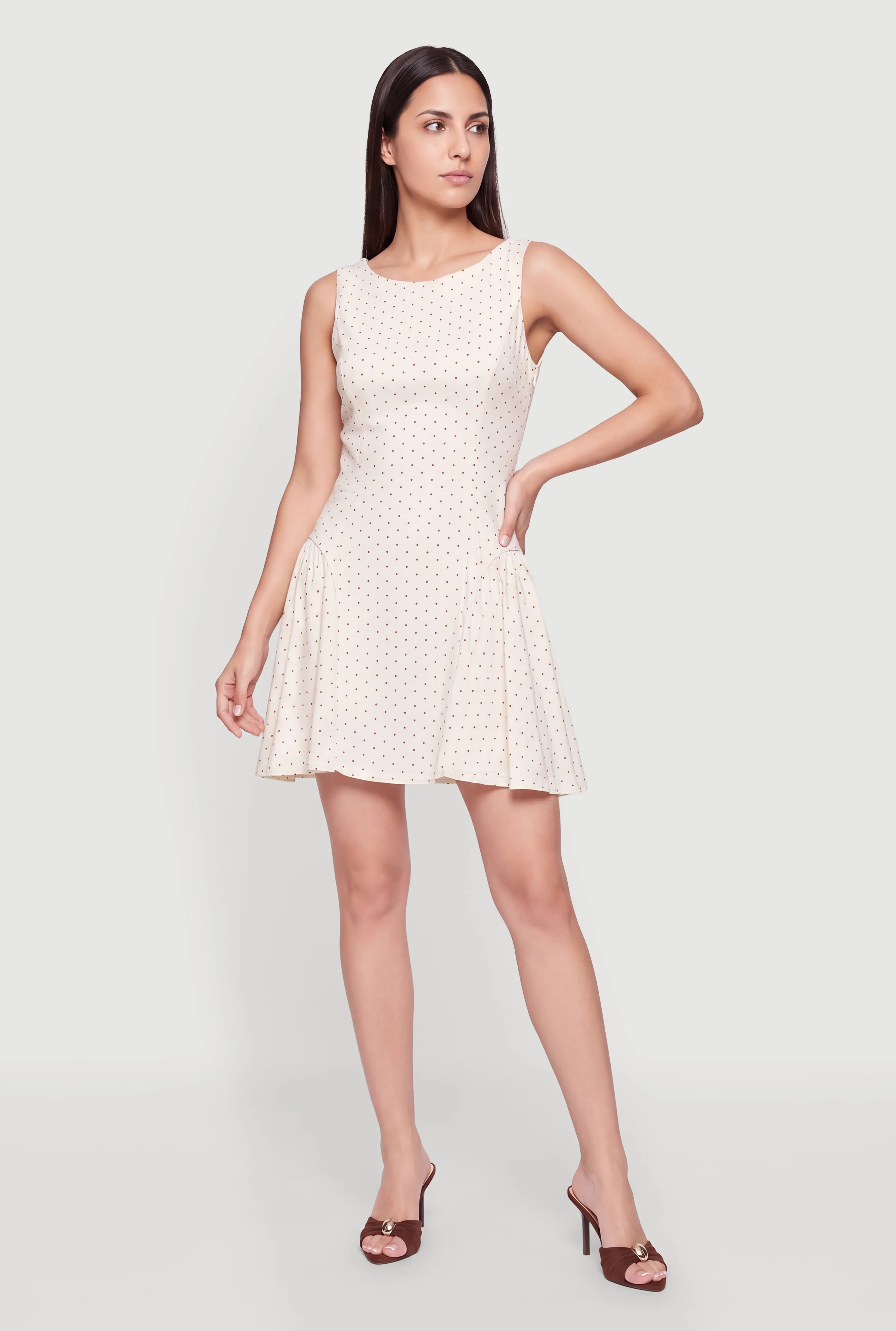Sleeveless Boat Neck Polka Dot Mini Dress