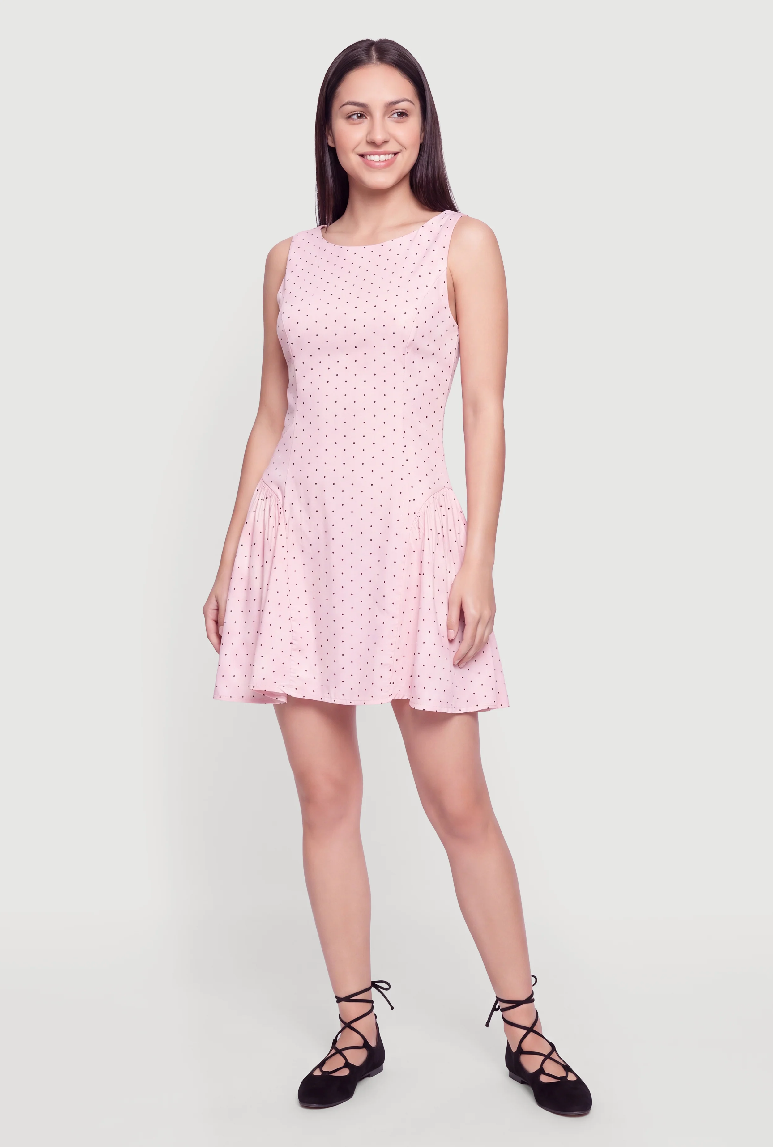 Sleeveless Boat Neck Polka Dot Mini Dress