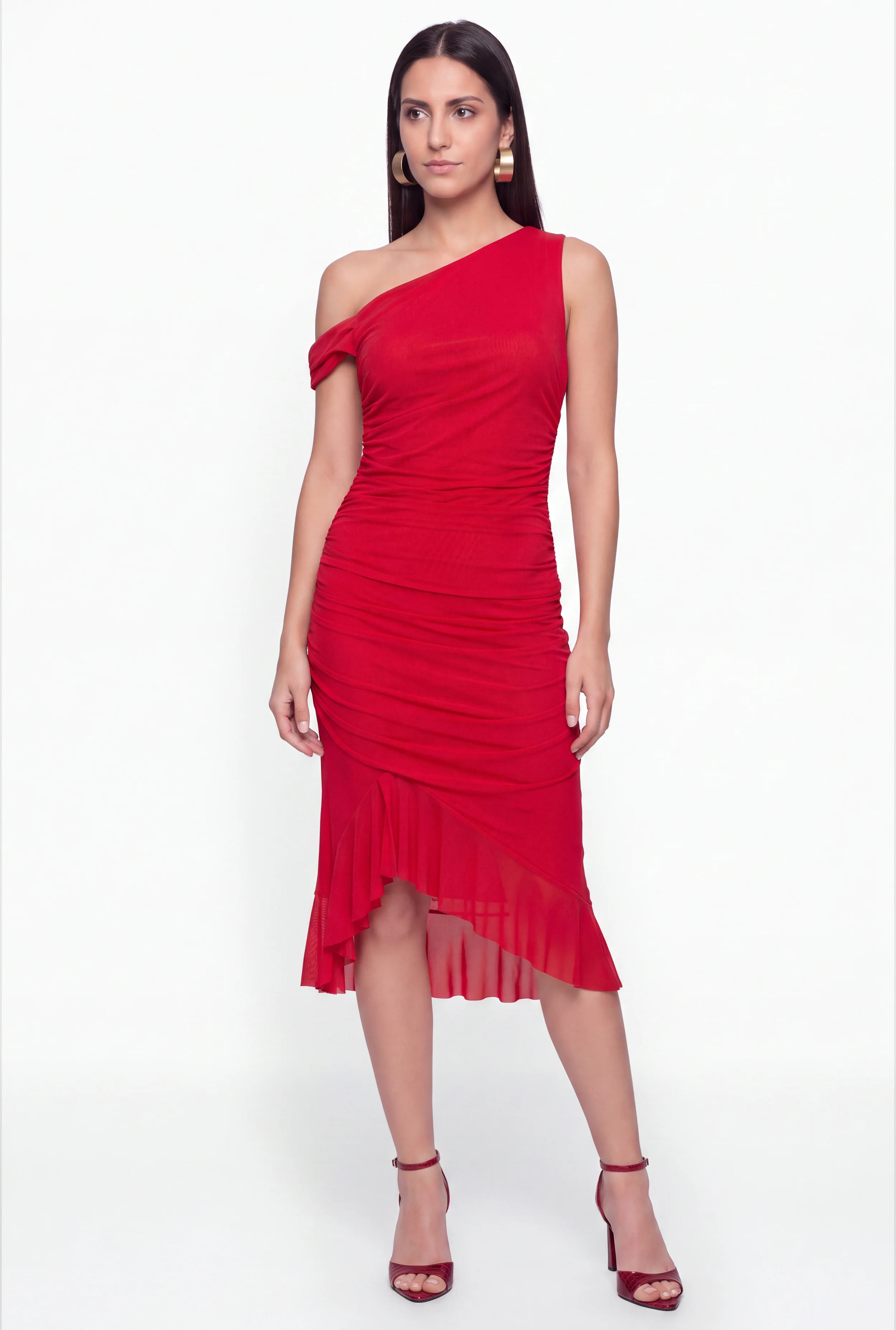 Mesh Side Ruched One Shoulder Asymmetrical Hem Midi Dress