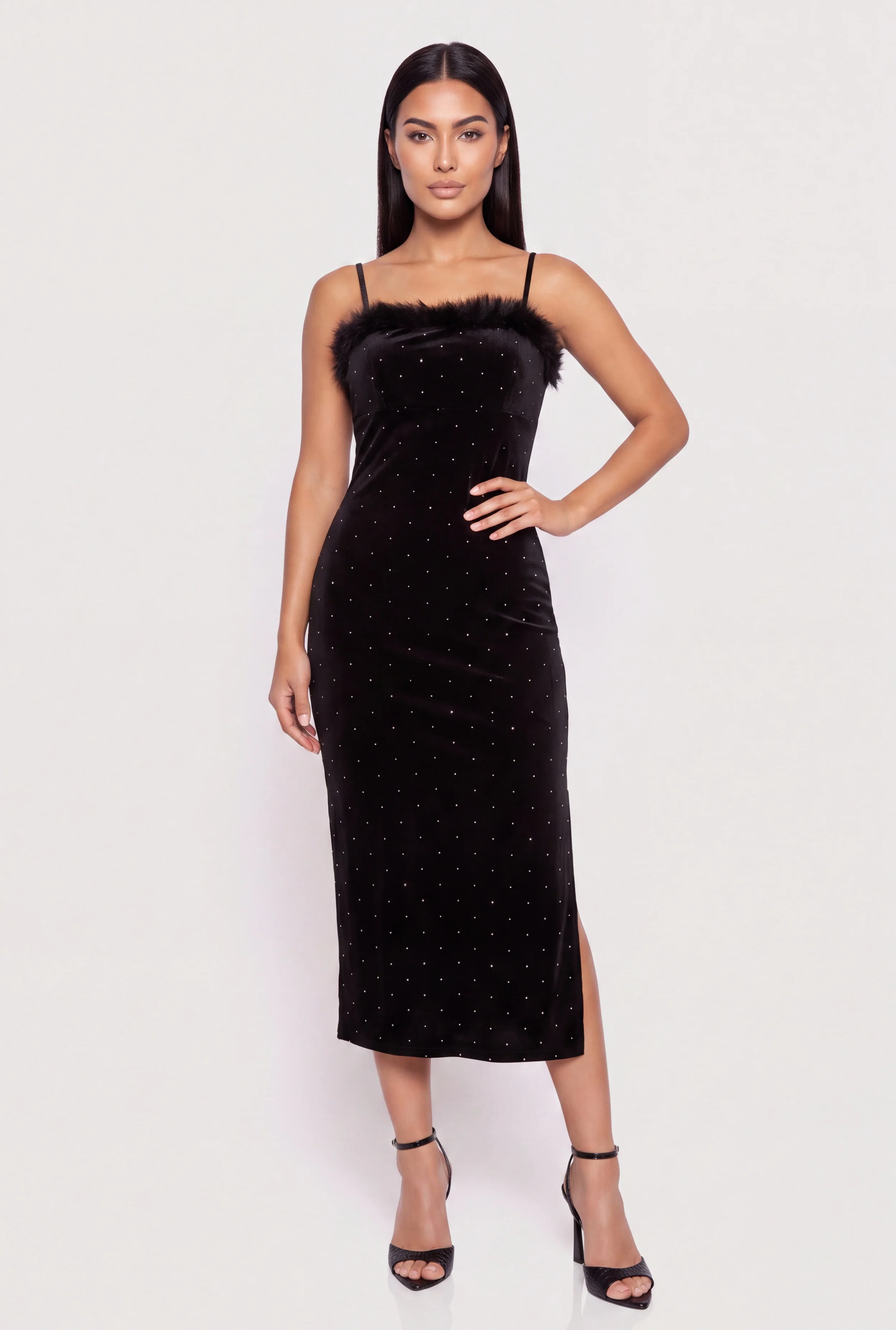 Faux Fur Trim Rhinestone Velvet Midi Dress