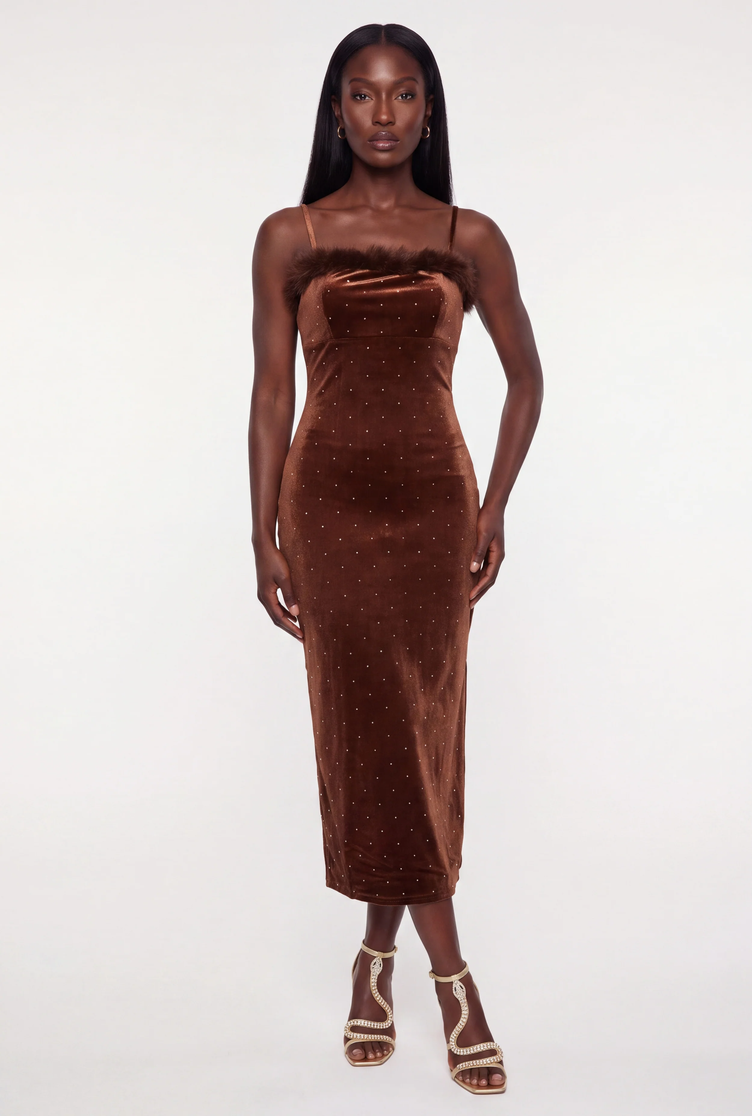 Faux Fur Trim Rhinestone Velvet Midi Dress