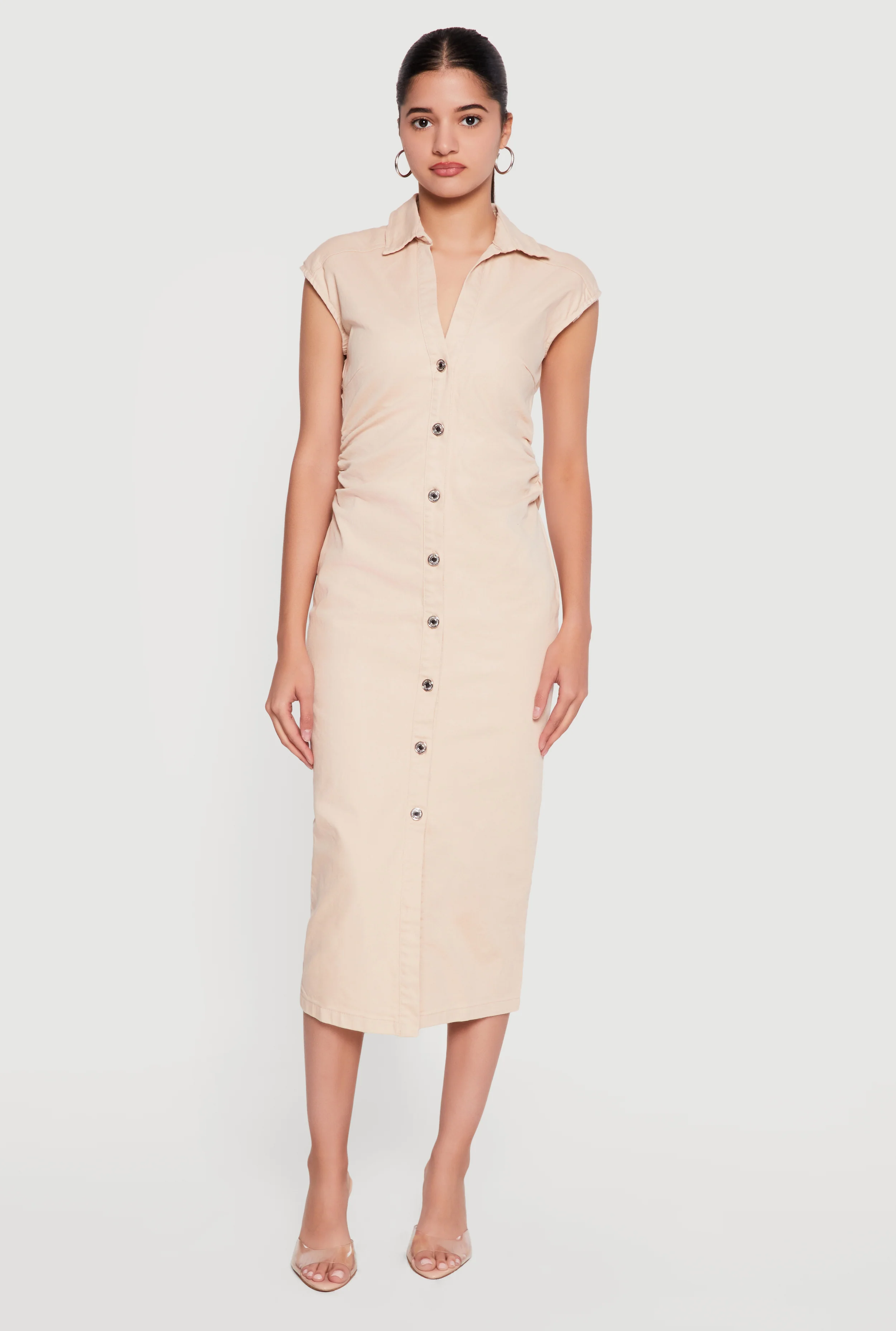 Cap Sleeve Button Front Denim Dress with Ruched Detail