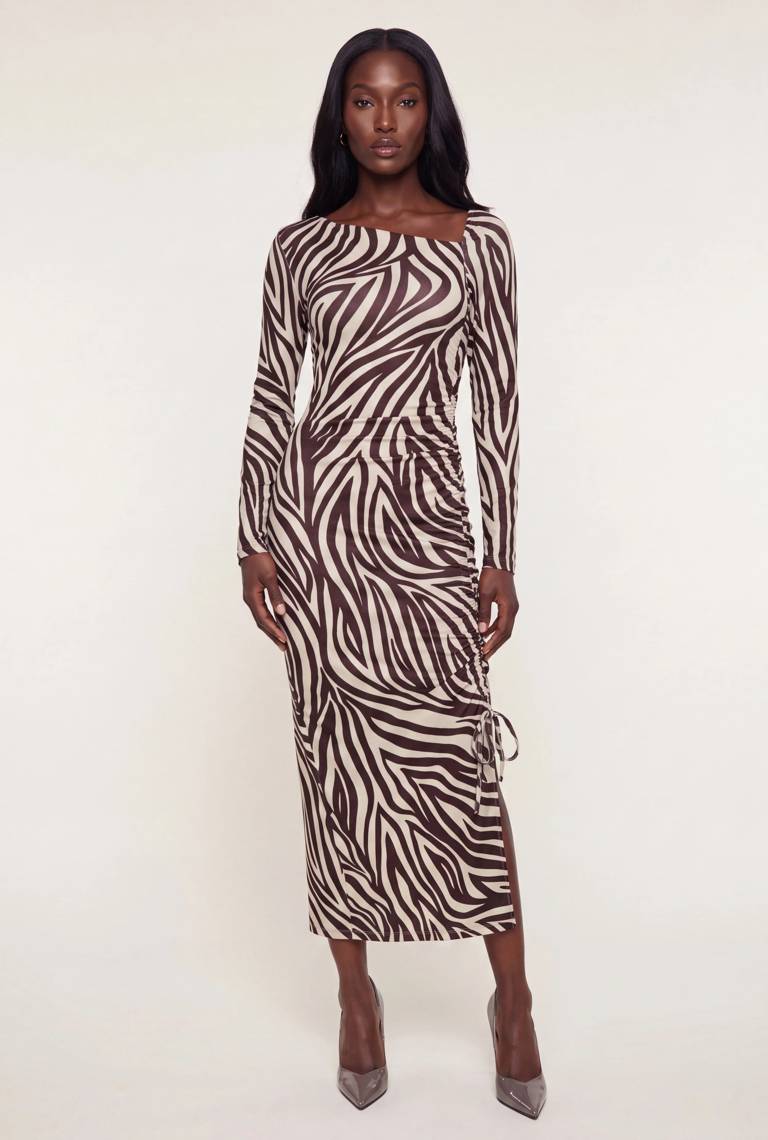 Ruched Side Slit Zebra Print Dress