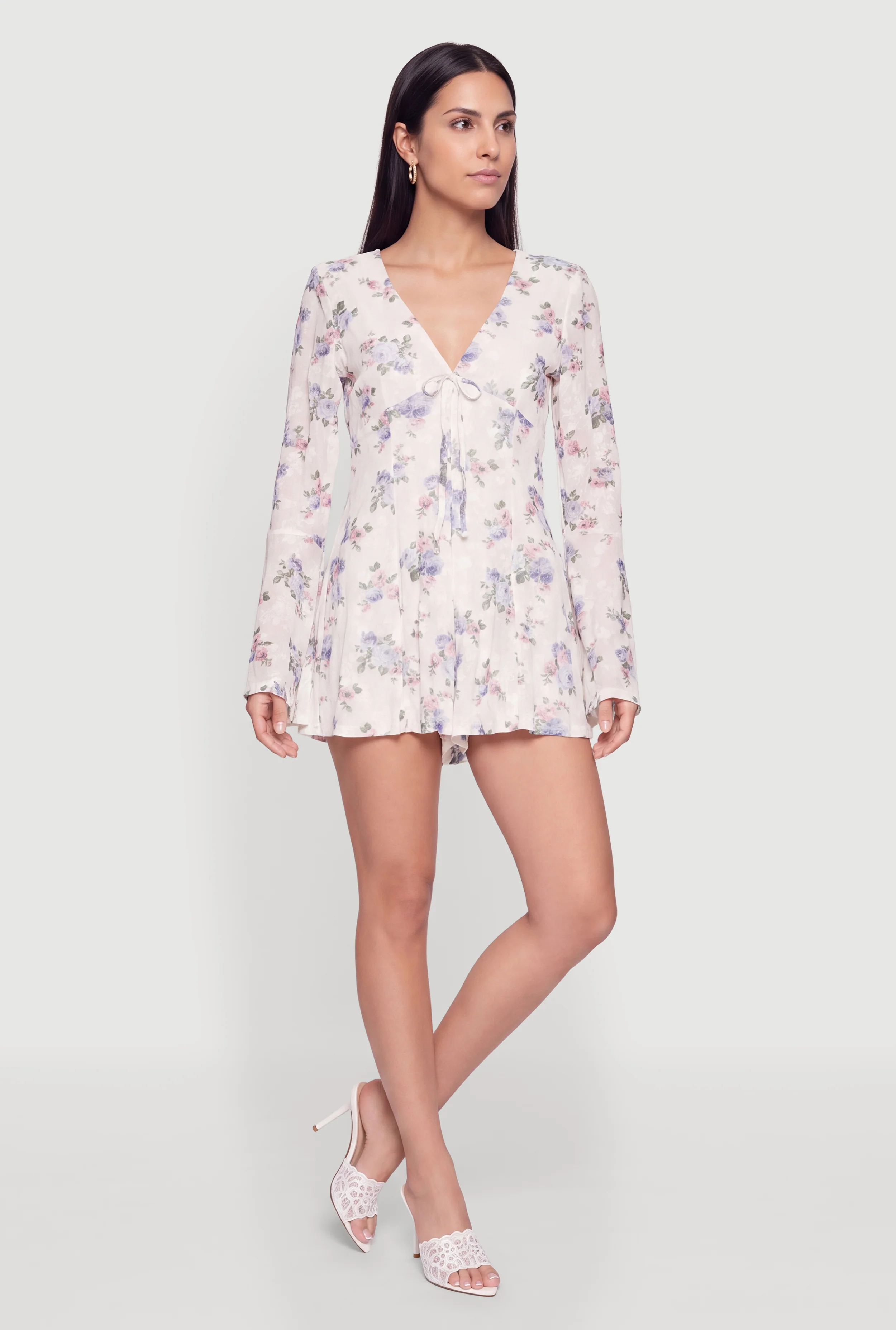 Floral Mesh Overlay Long Sleeve Bow Detail Romper
