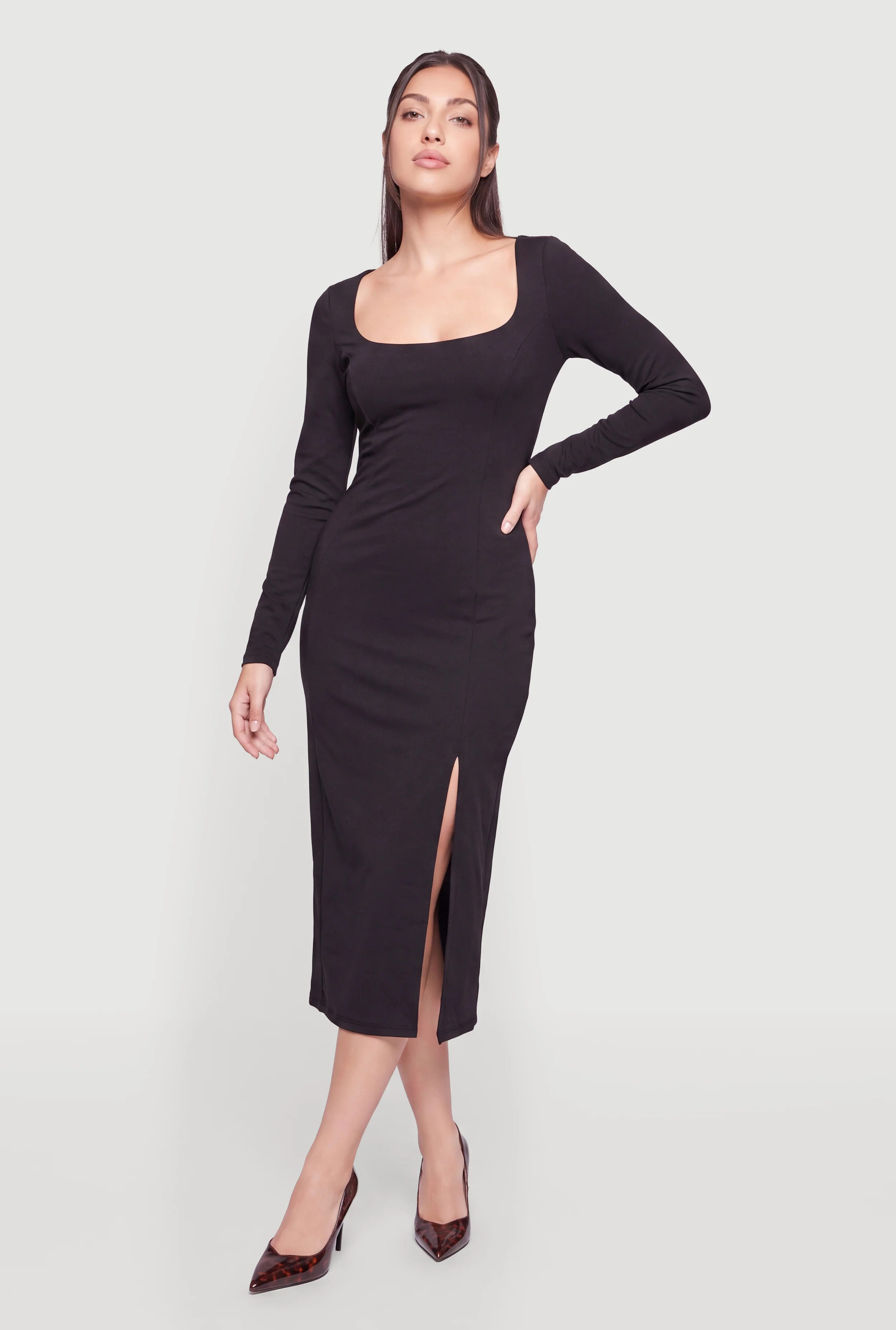 Long Sleeve Square Neck Side Slit Midi Dress