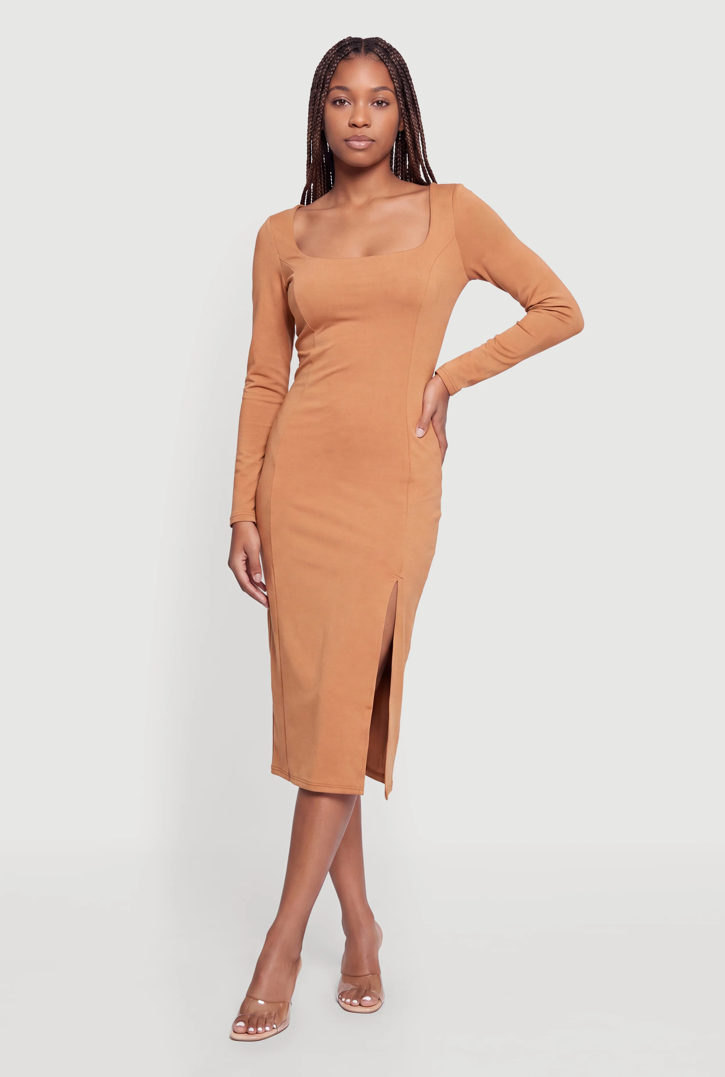 Long Sleeve Square Neck Side Slit Midi Dress