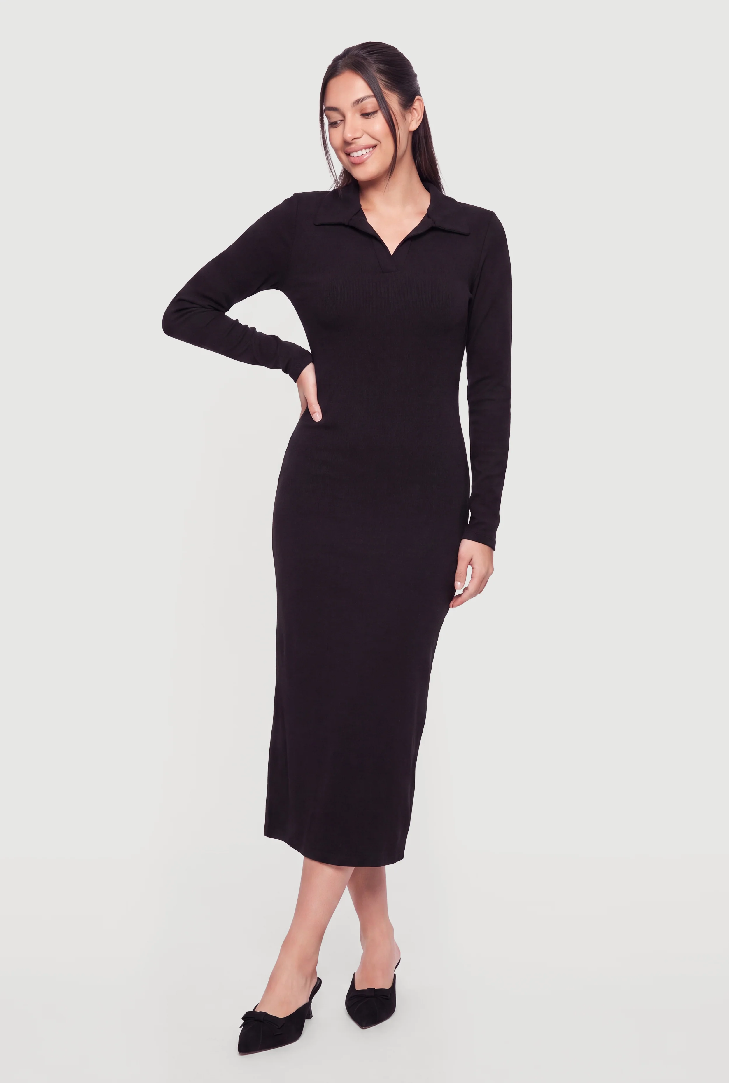 Rib Knit Long Sleeve Johnny Collar Midi Dress