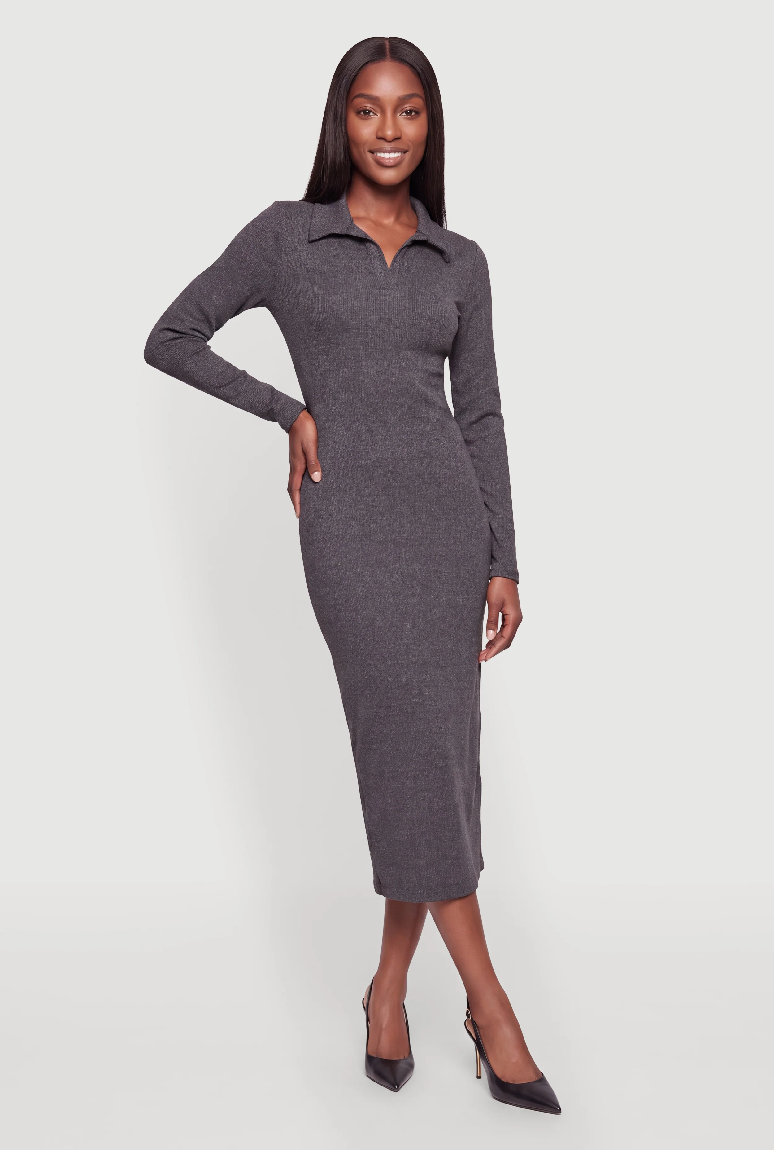 Rib Knit Long Sleeve Johnny Collar Midi Dress