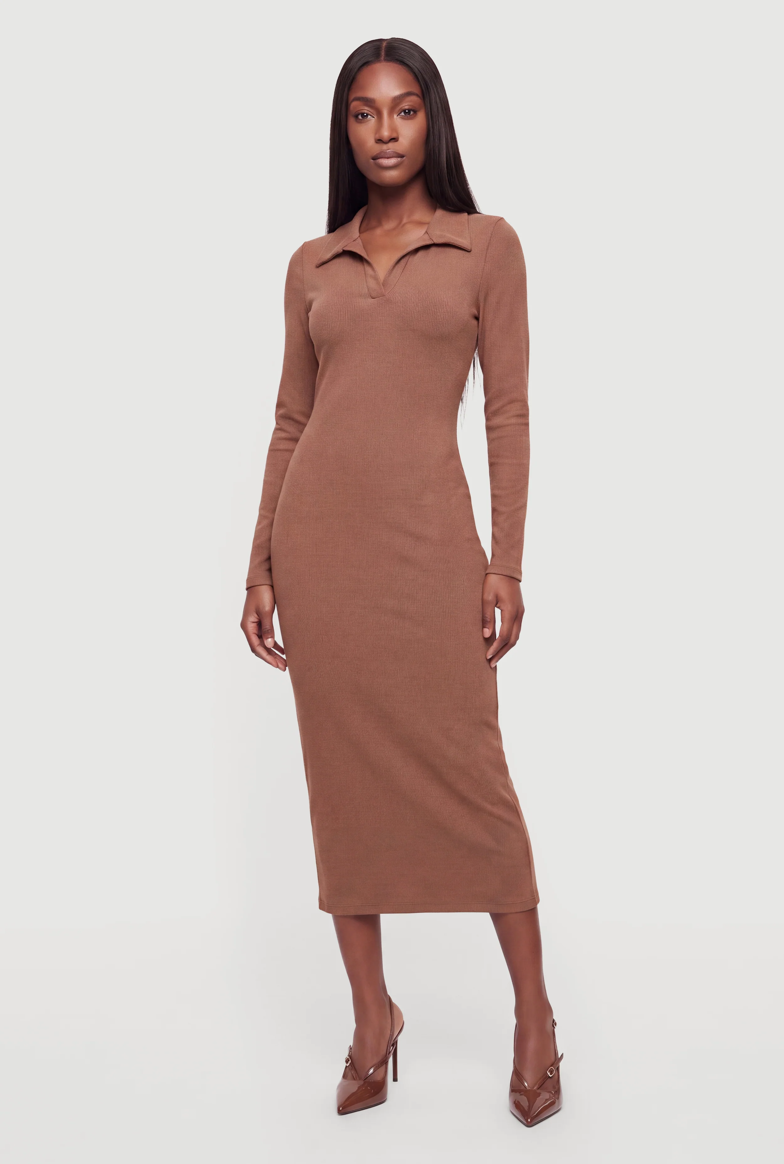 Rib Knit Long Sleeve Johnny Collar Midi Dress