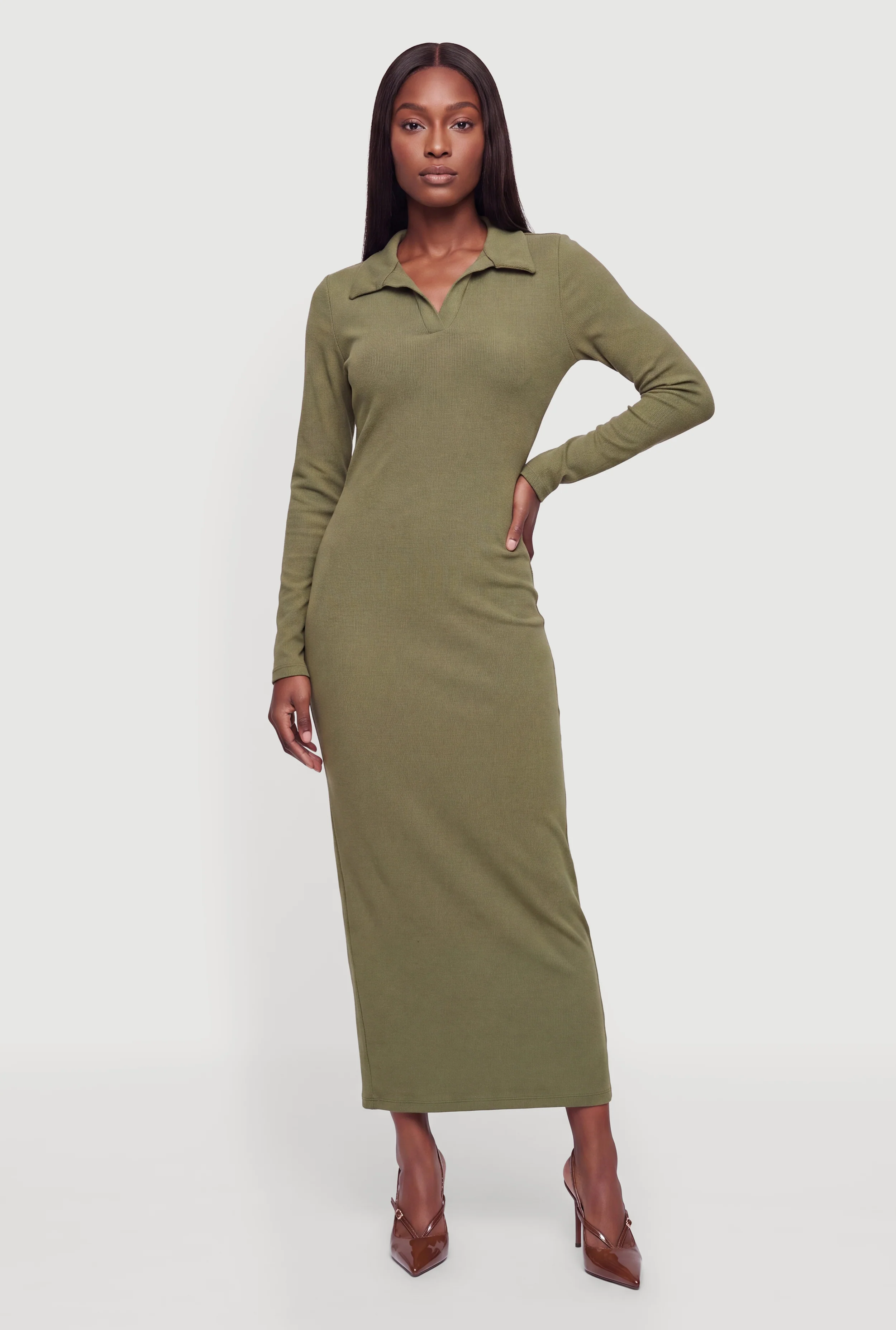 Rib Knit Long Sleeve Johnny Collar Midi Dress