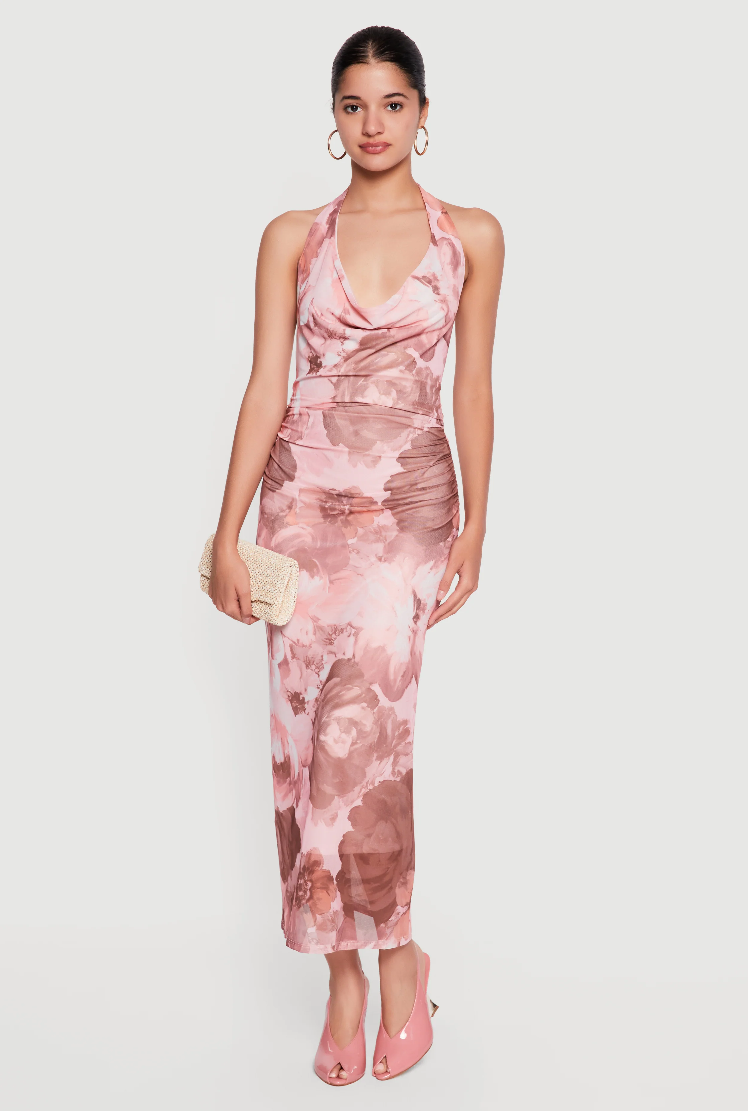 Floral Mesh Cowl Neck Halter Dress