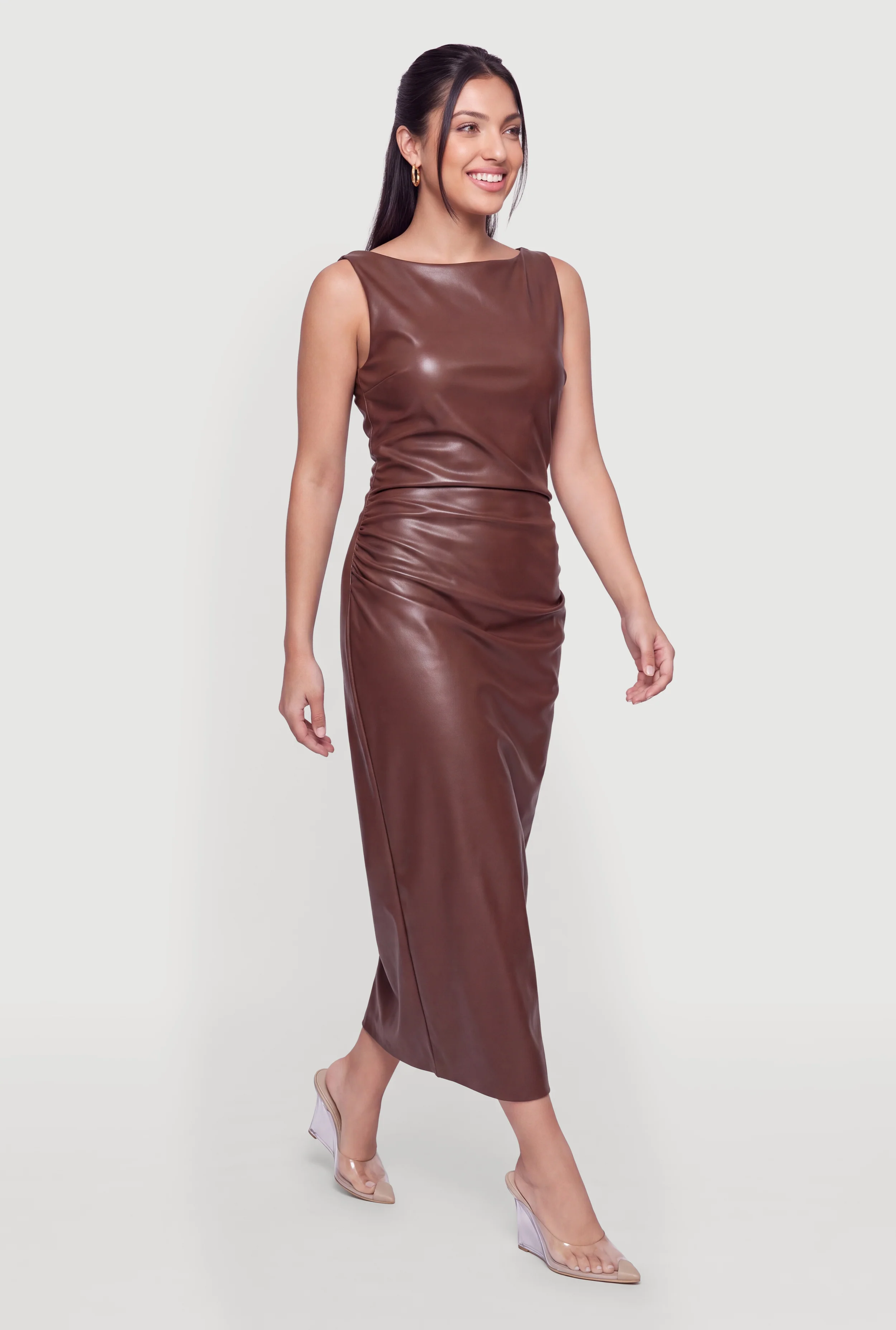 Faux Leather Ruched Sleeveless Midi Dress