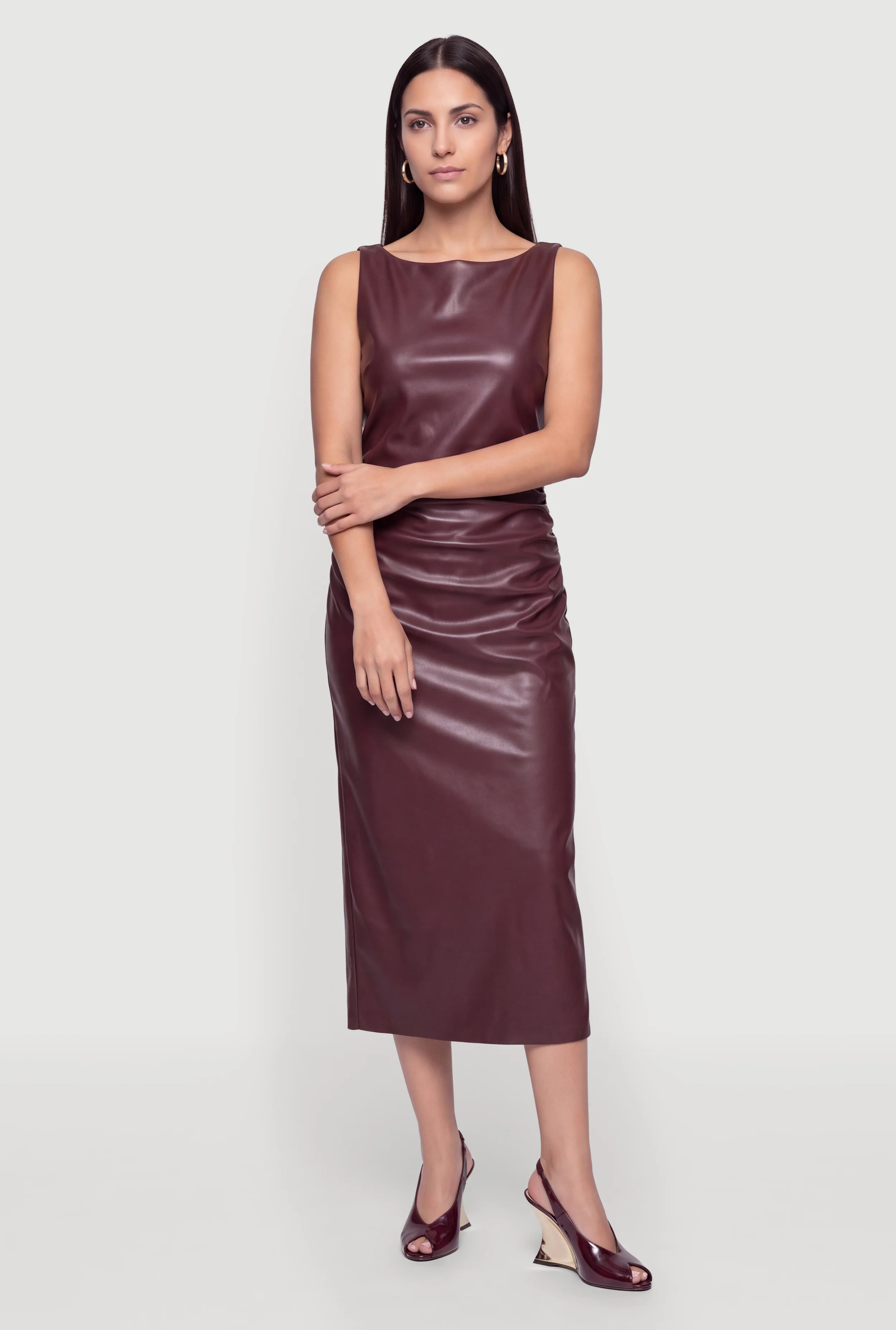 Faux Leather Ruched Sleeveless Midi Dress