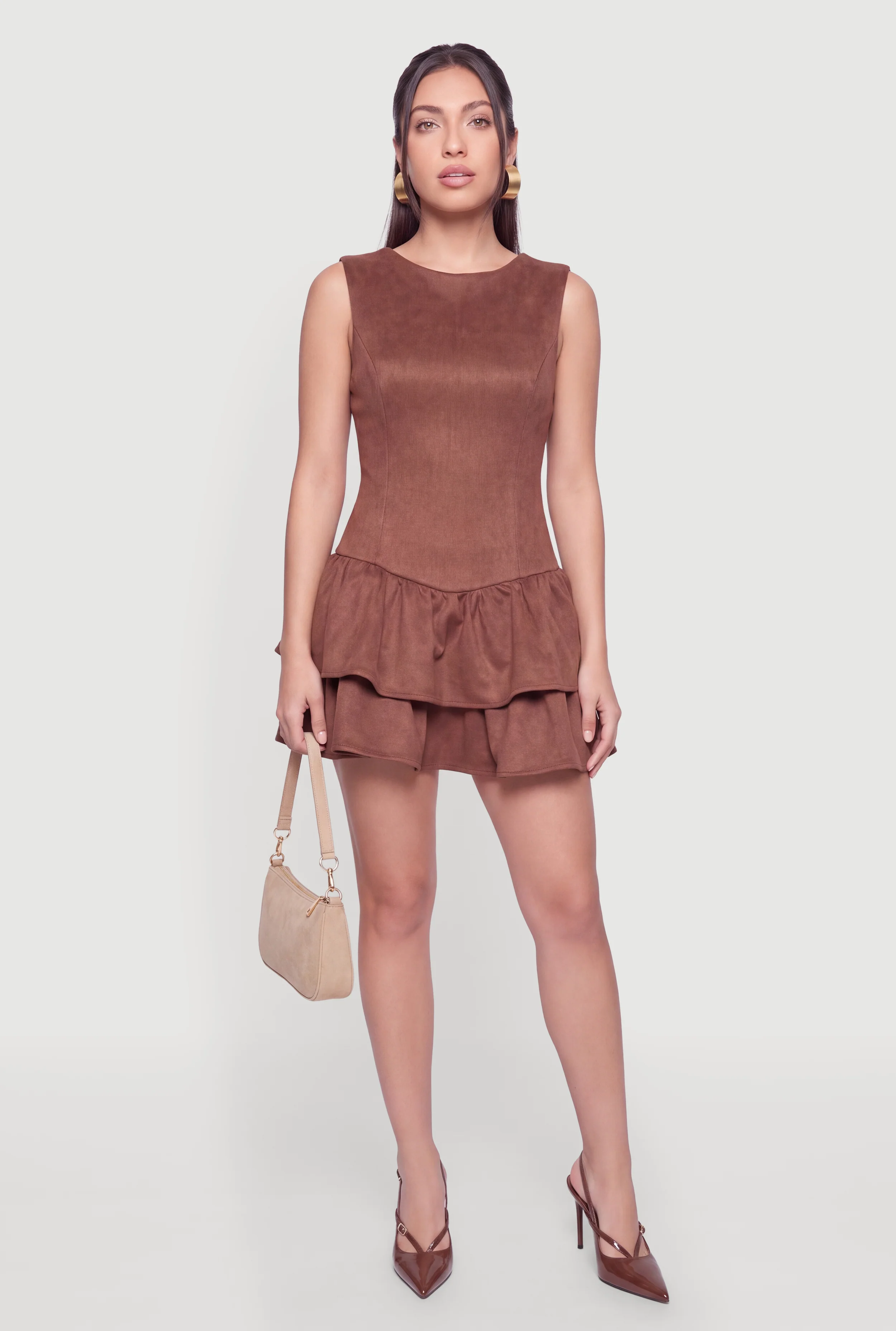 Faux Suede Tiered Ruffle Drop Waist Mini Dress