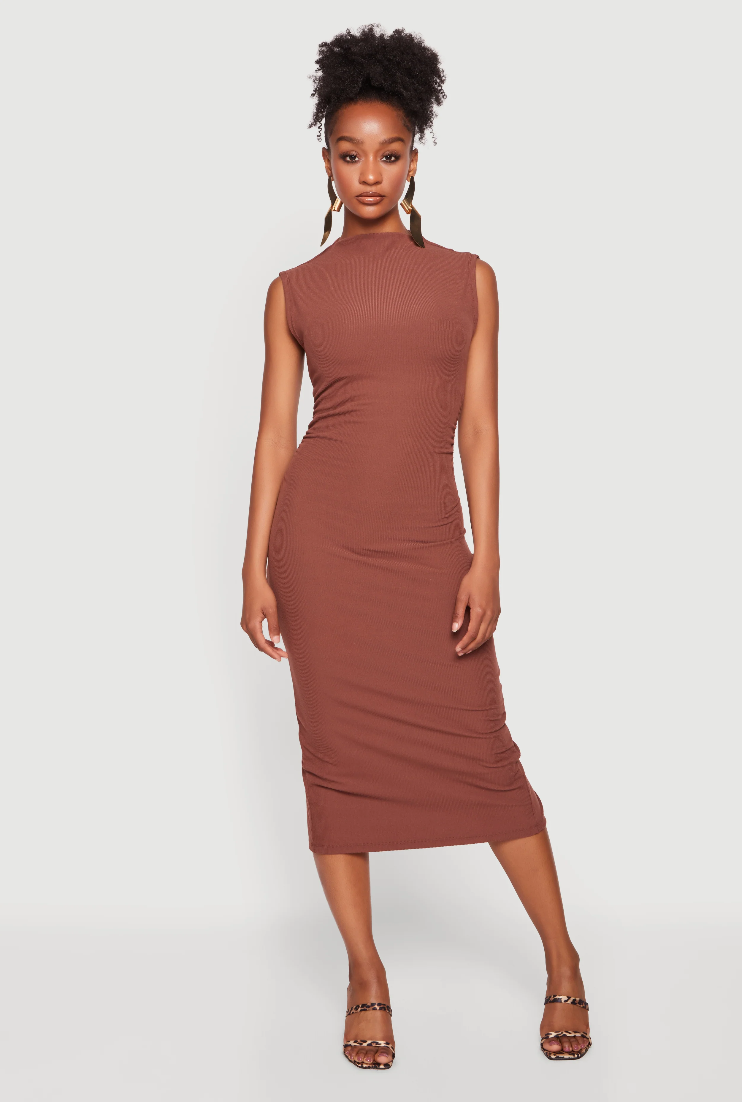 Mock Neck Side Ruched Sleeveless Midi Dress