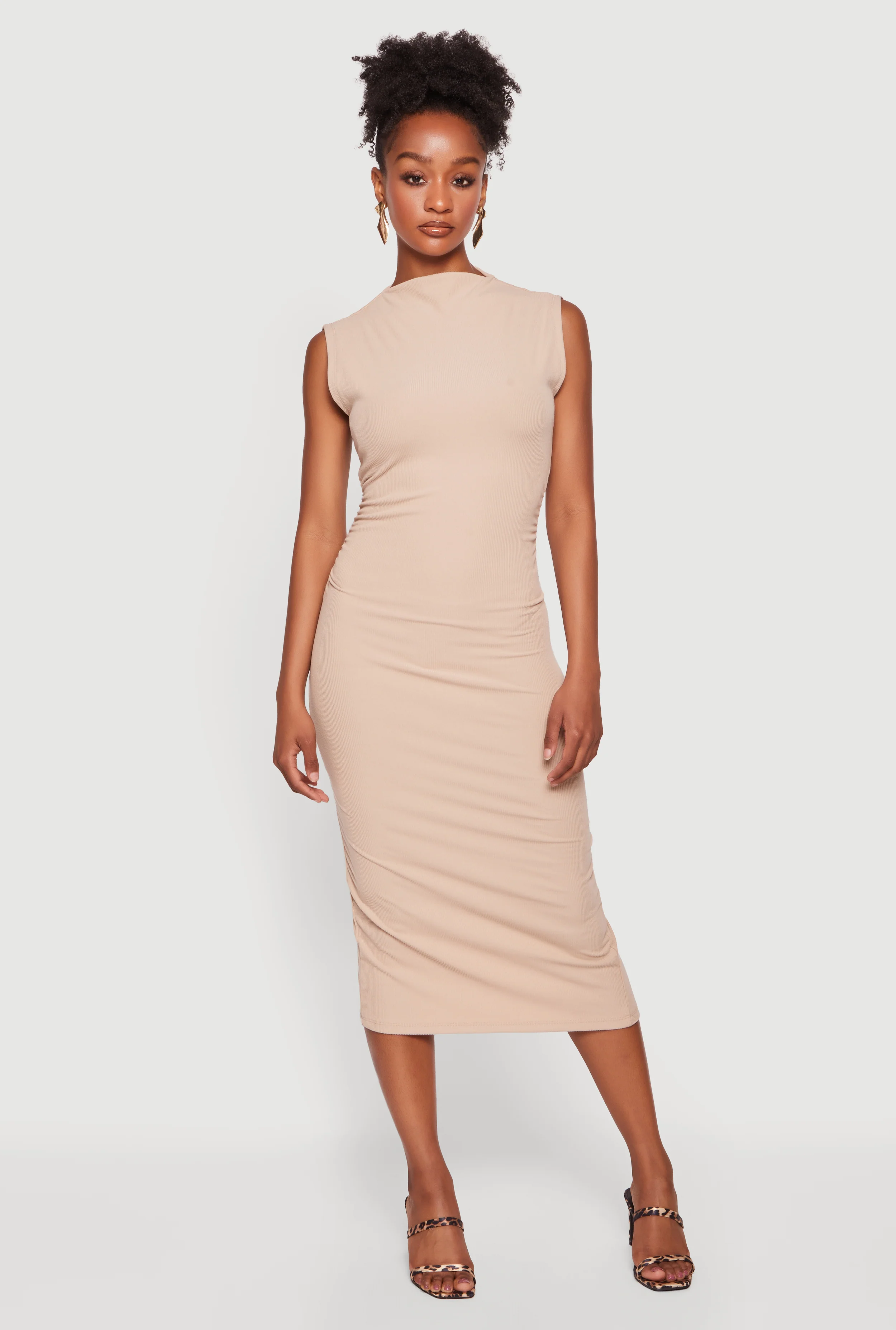 Mock Neck Side Ruched Sleeveless Midi Dress