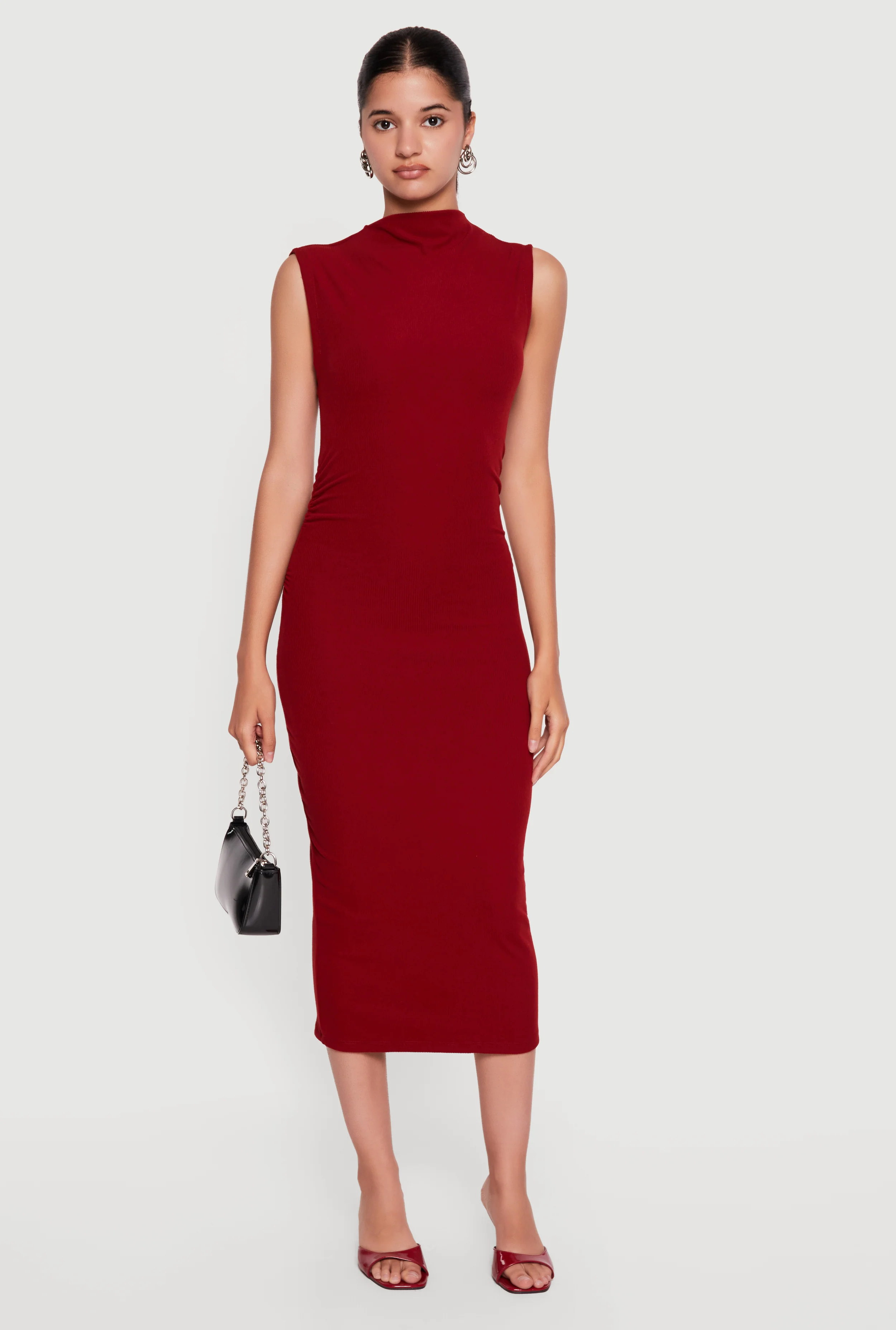 Mock Neck Side Ruched Sleeveless Midi Dress