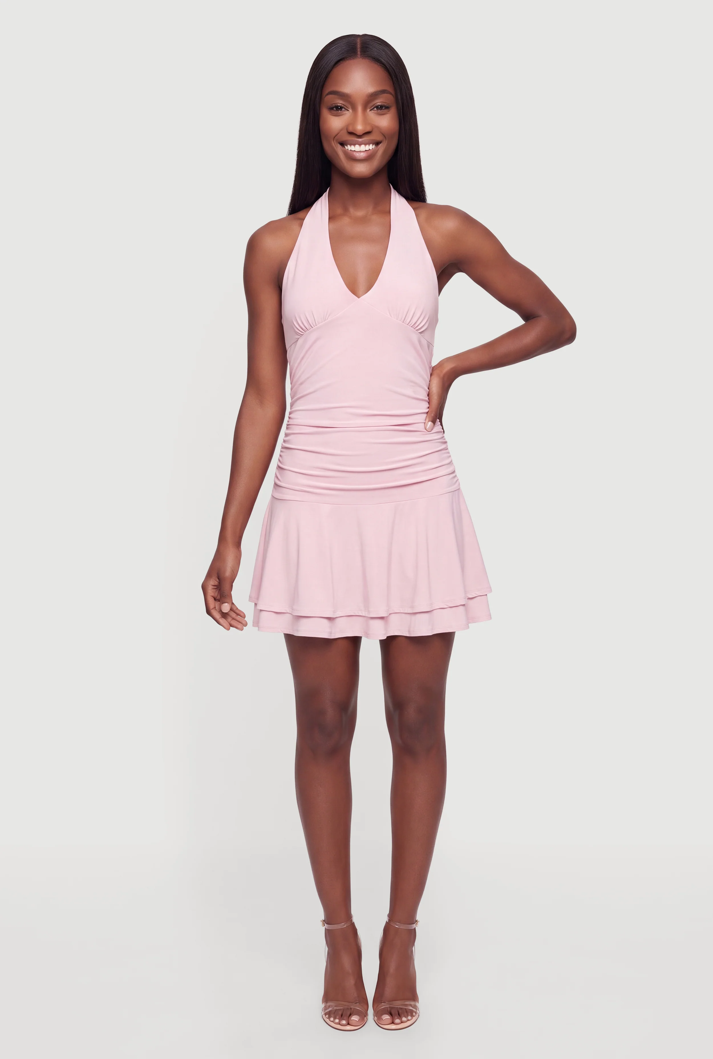 Ruched Tiered Hem Halter Mini Dress