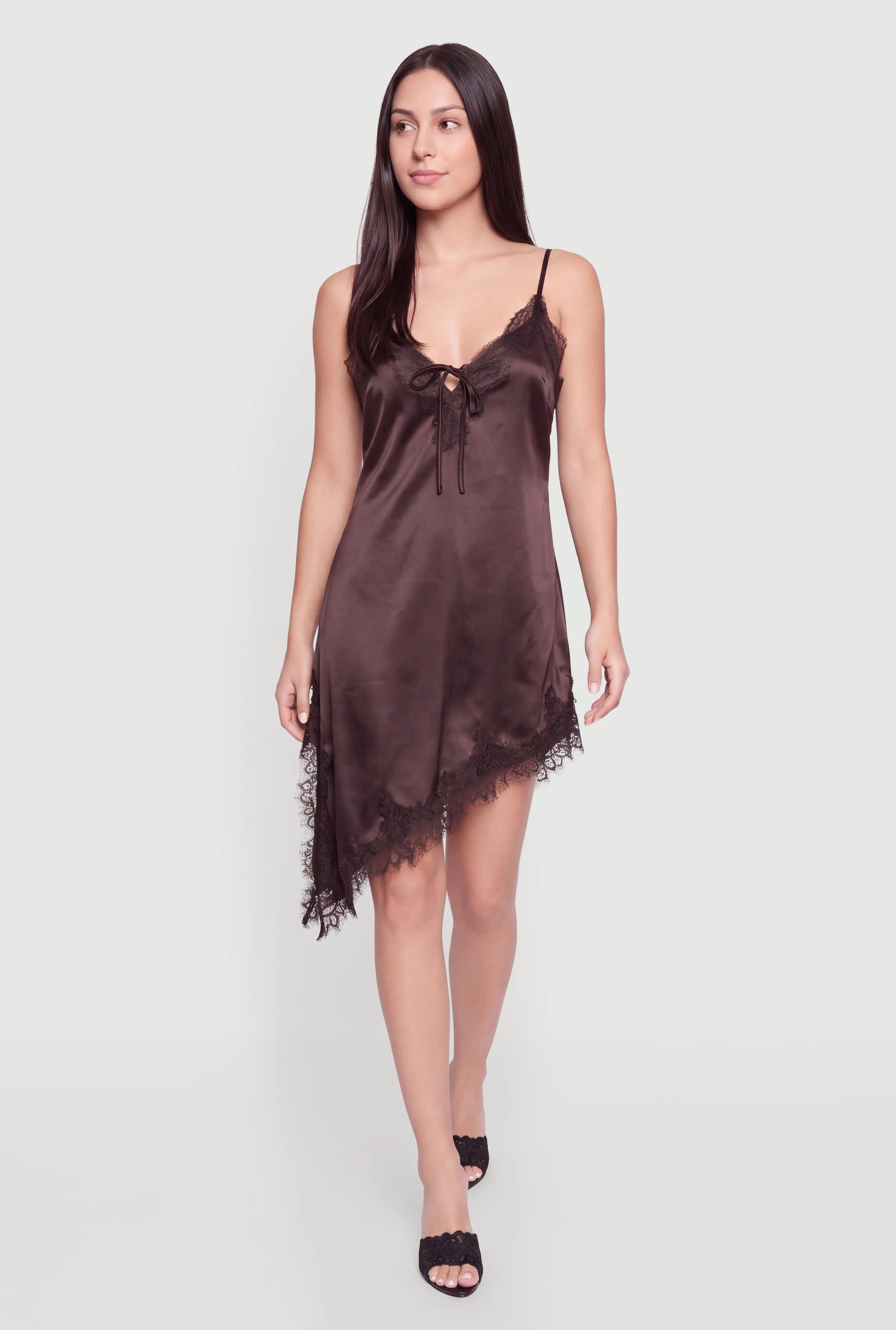 Lace Trim Satin Tie Front Asymmetrical Cami Dress