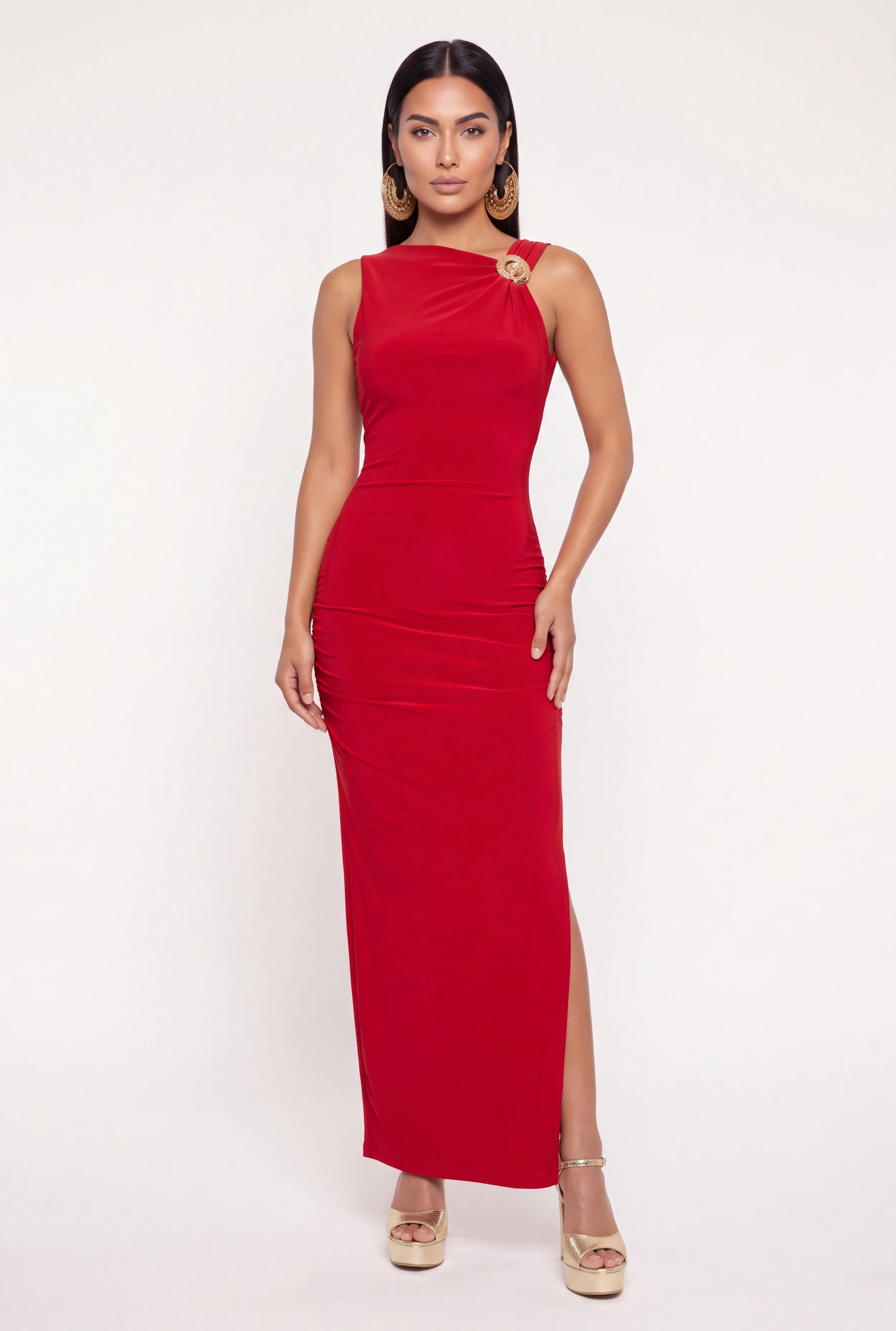 Metallic Detail Low Back Ruched Maxi Dress