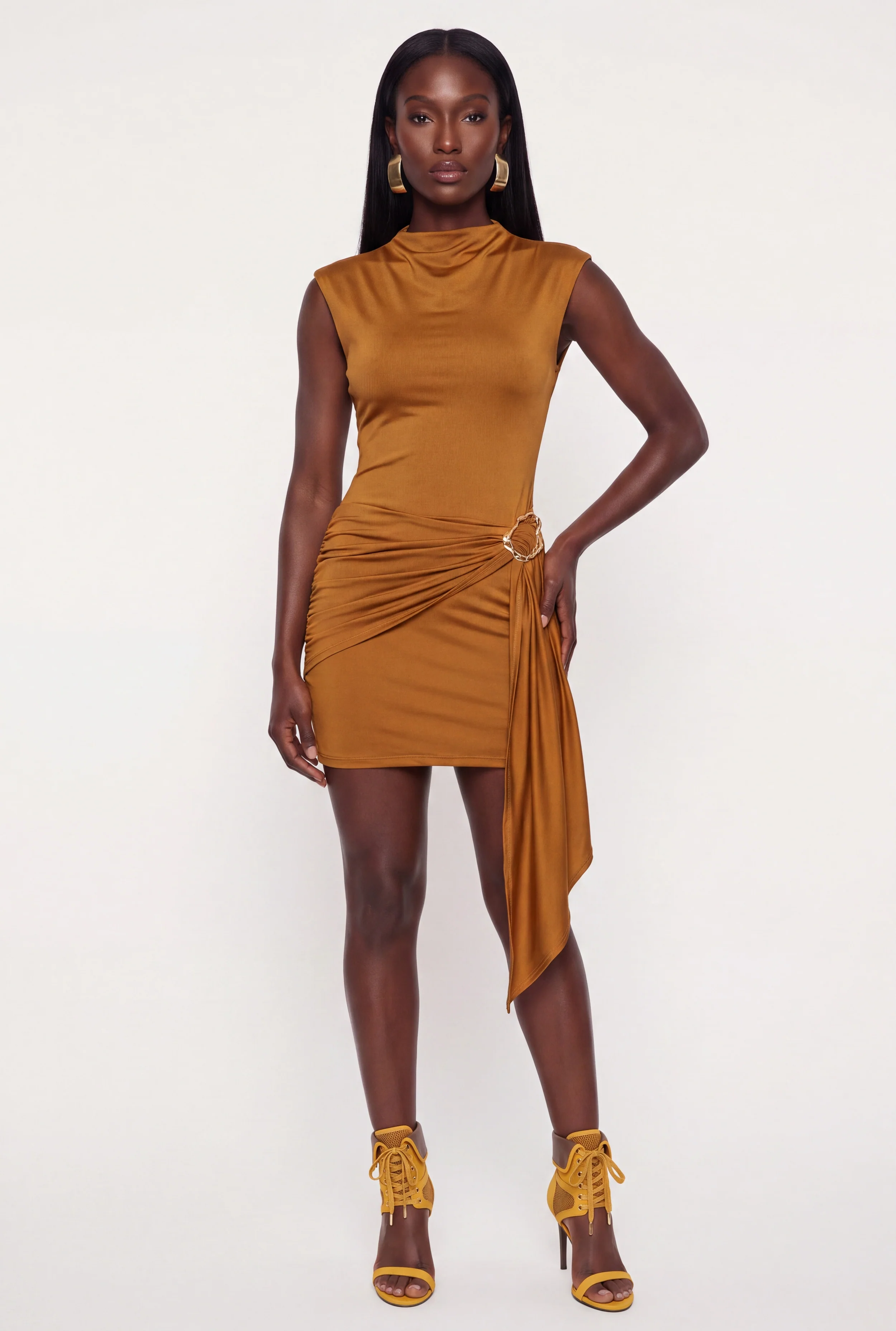 Side Ruched Metallic Detail  Asymmetrical Sash Mini Dress