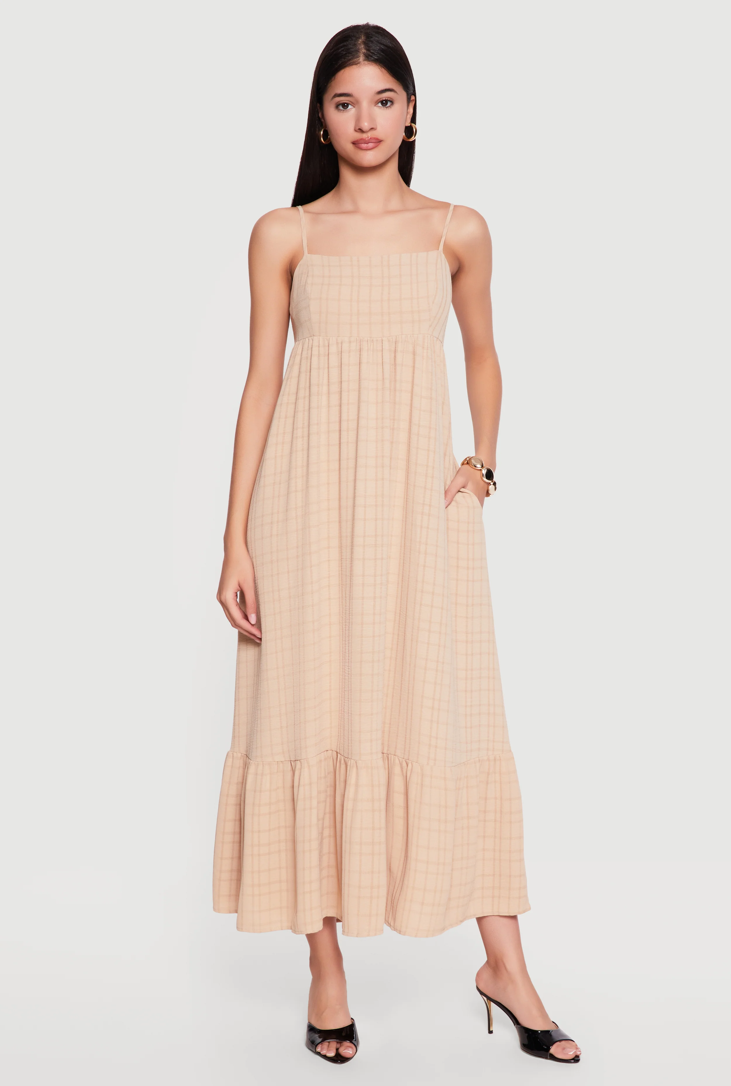 Plaid Crepe Knit Cami Maxi Dress with Pockets