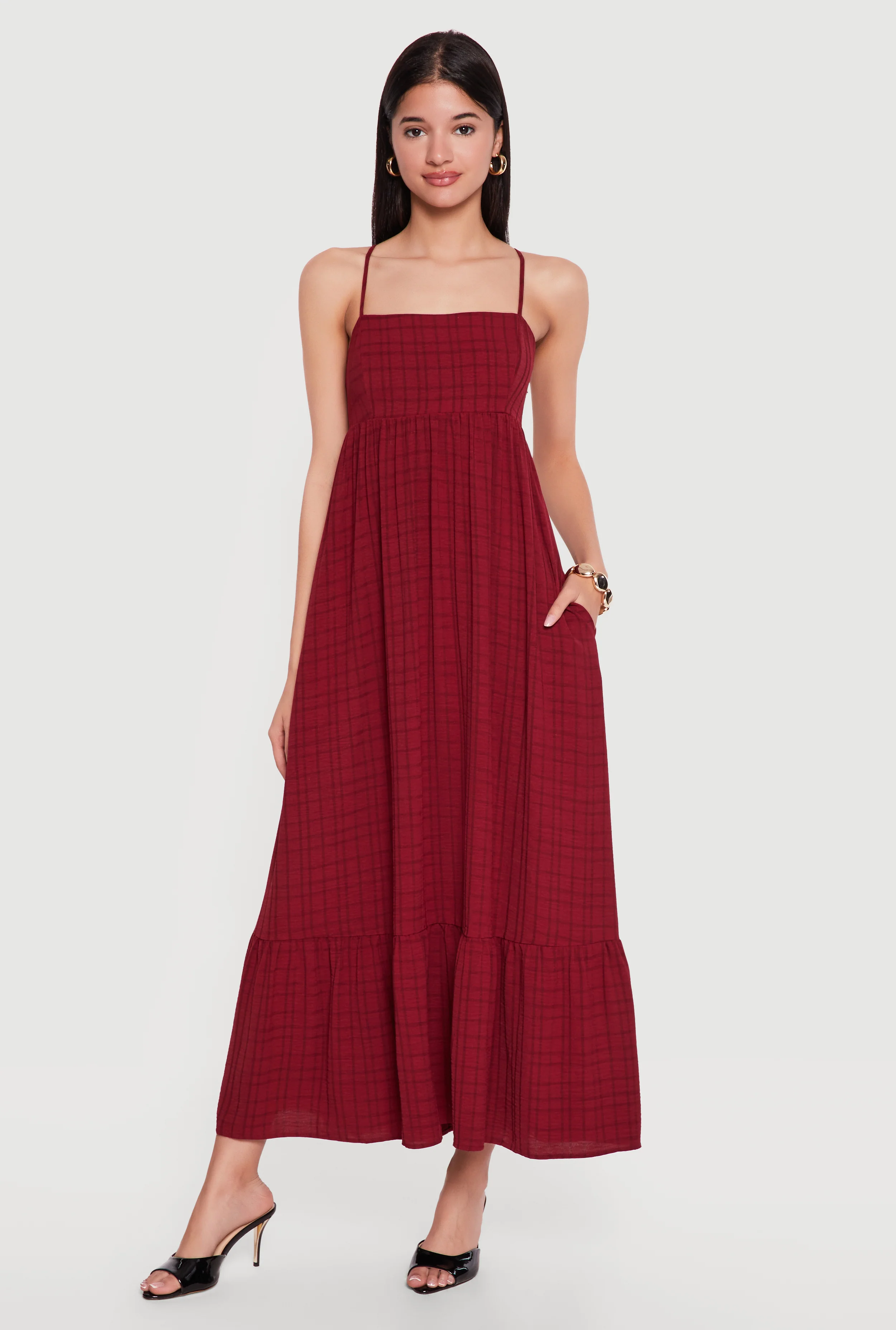 Plaid Crepe Knit Cami Maxi Dress with Pockets