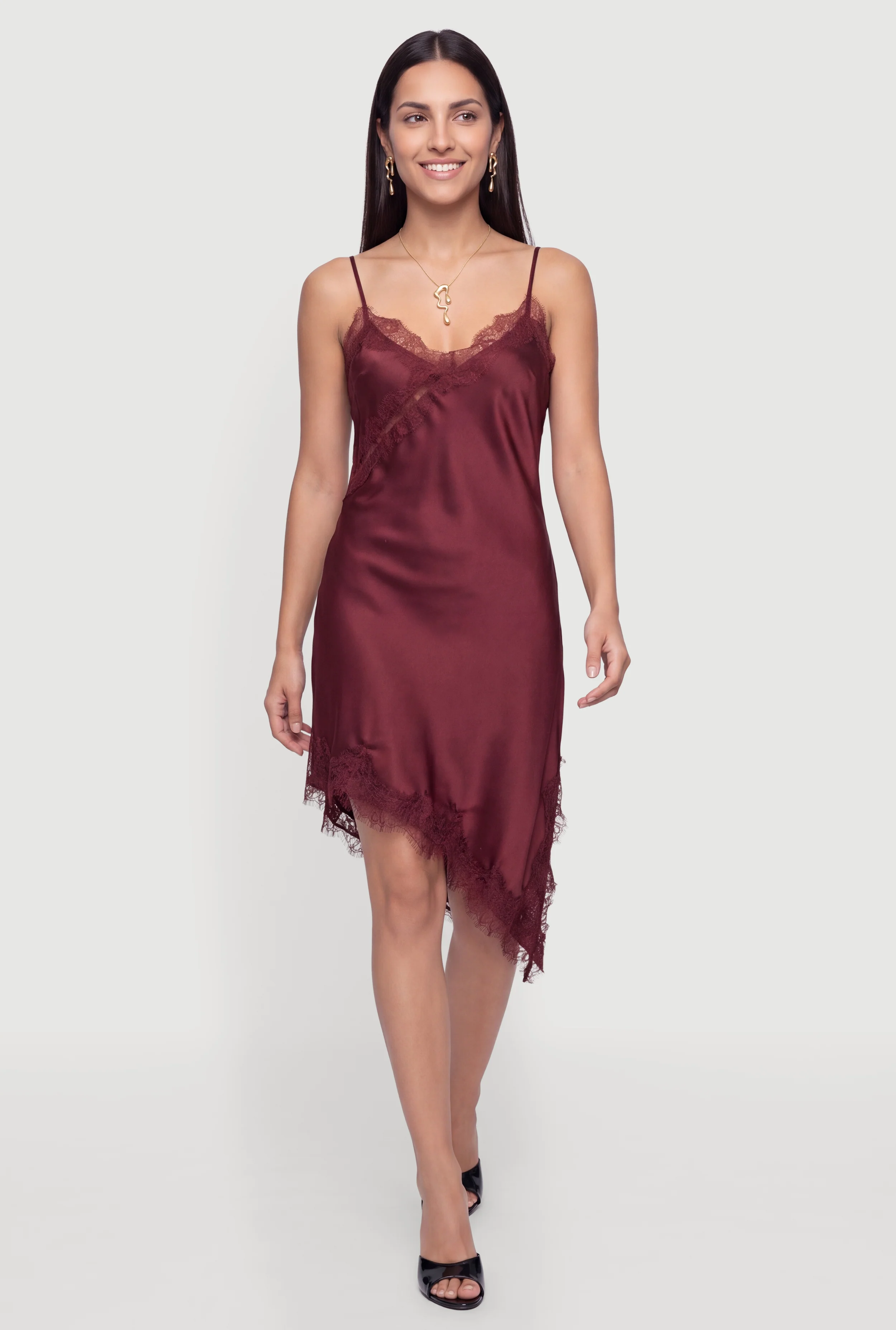 Lace Trim Satin Asymmetrical Cami Dress