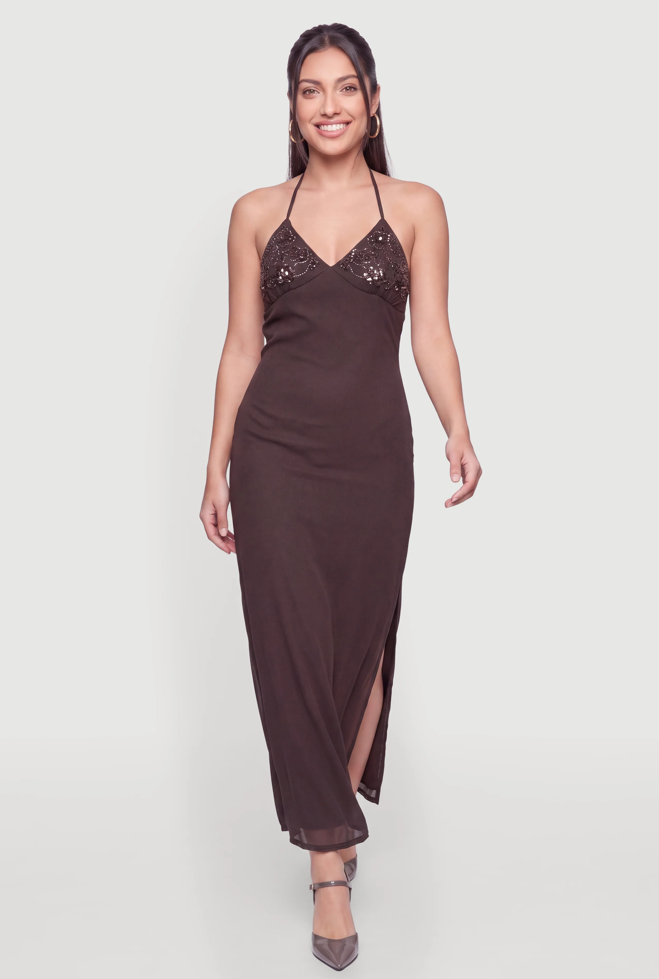 Sequin Detail Side Slit Halter Maxi Dress