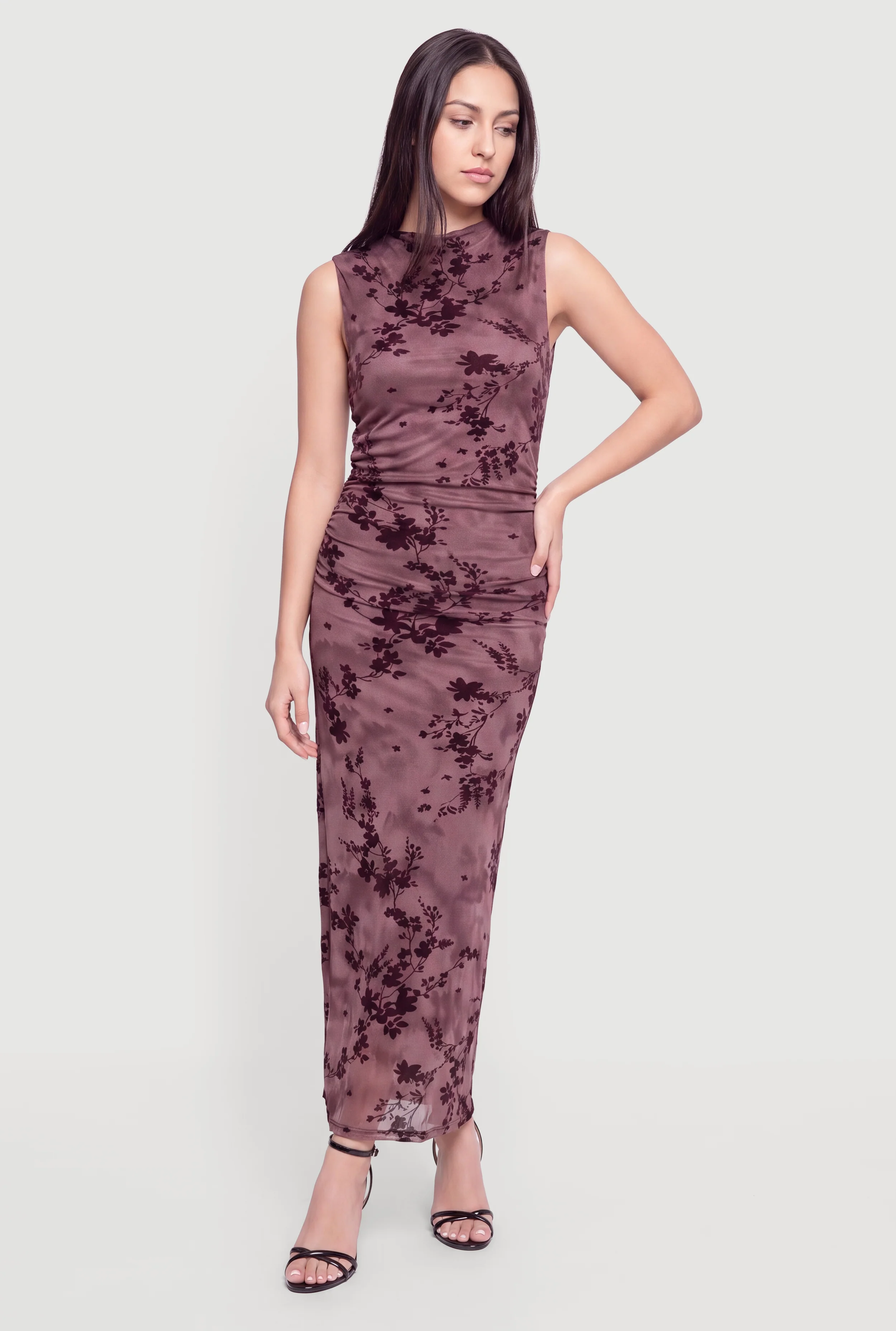 Floral Velvet Burnout Mesh Overlay Maxi Dress