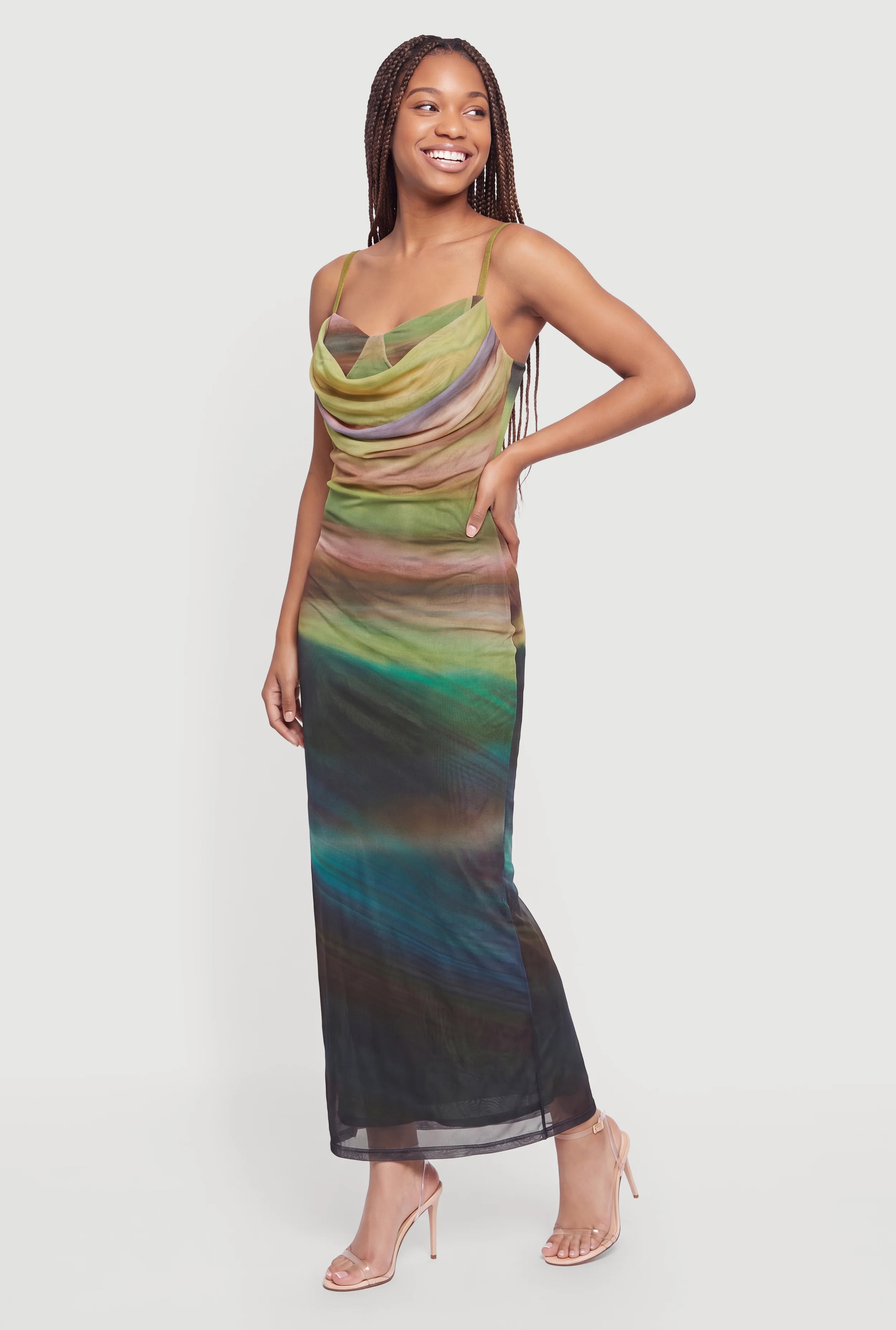 Sweetheart Cowl Neck Ombre Mesh Bustier Dress