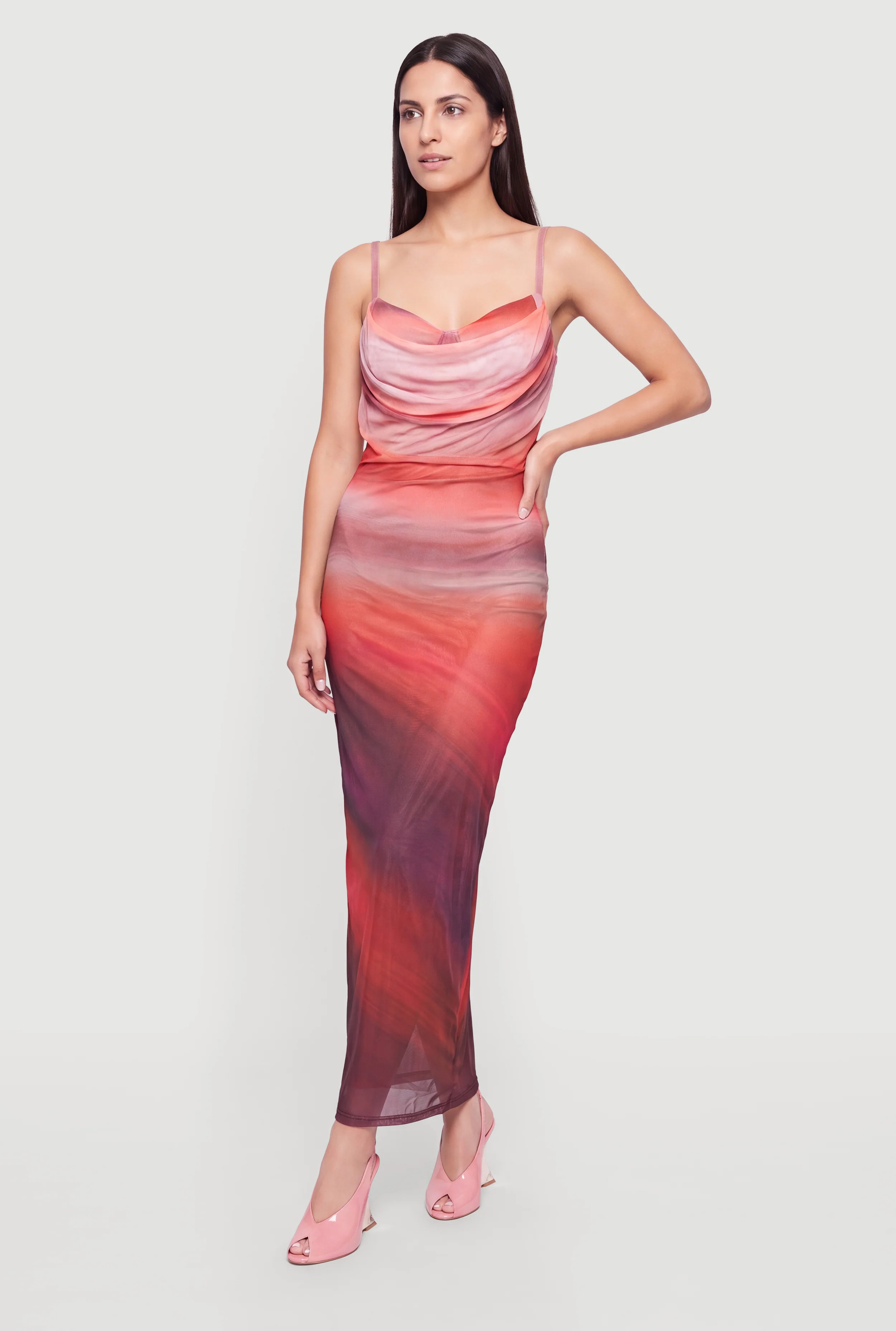 Sweetheart Cowl Neck Ombre Mesh Bustier Dress