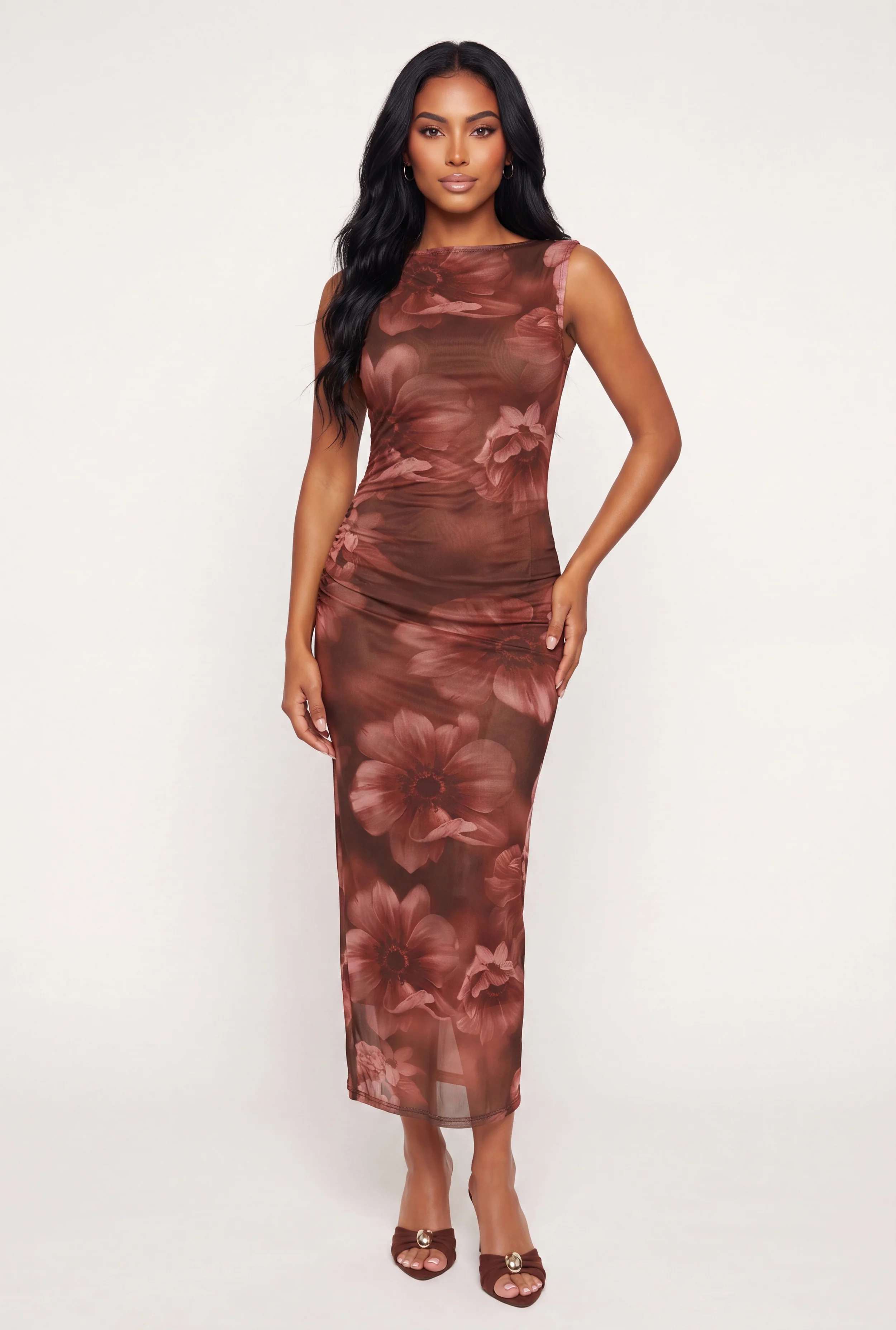 Floral Mesh Side Ruched Mock Neck Maxi Dress