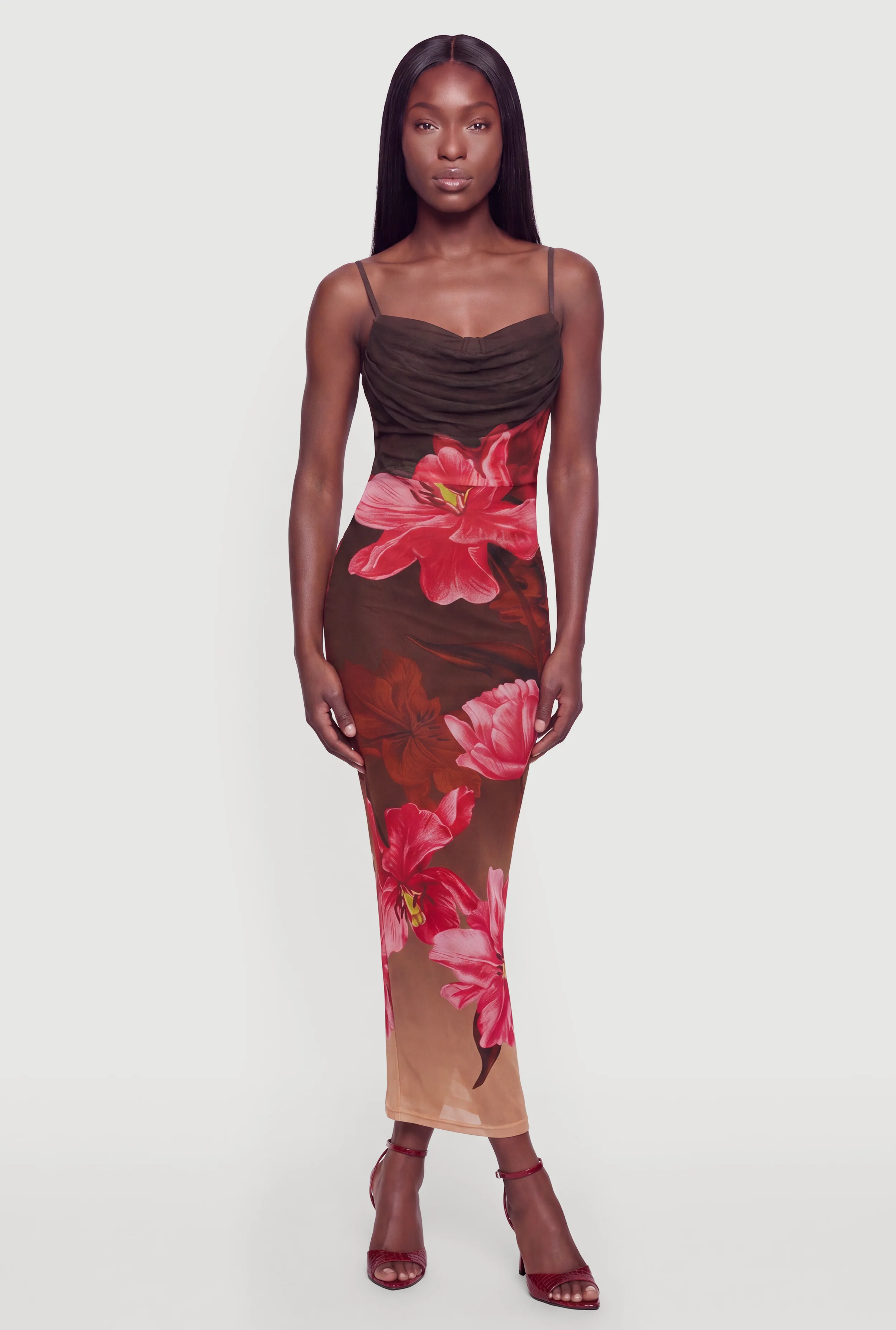 Floral Cowl Neck Bustier Mesh Maxi Dress