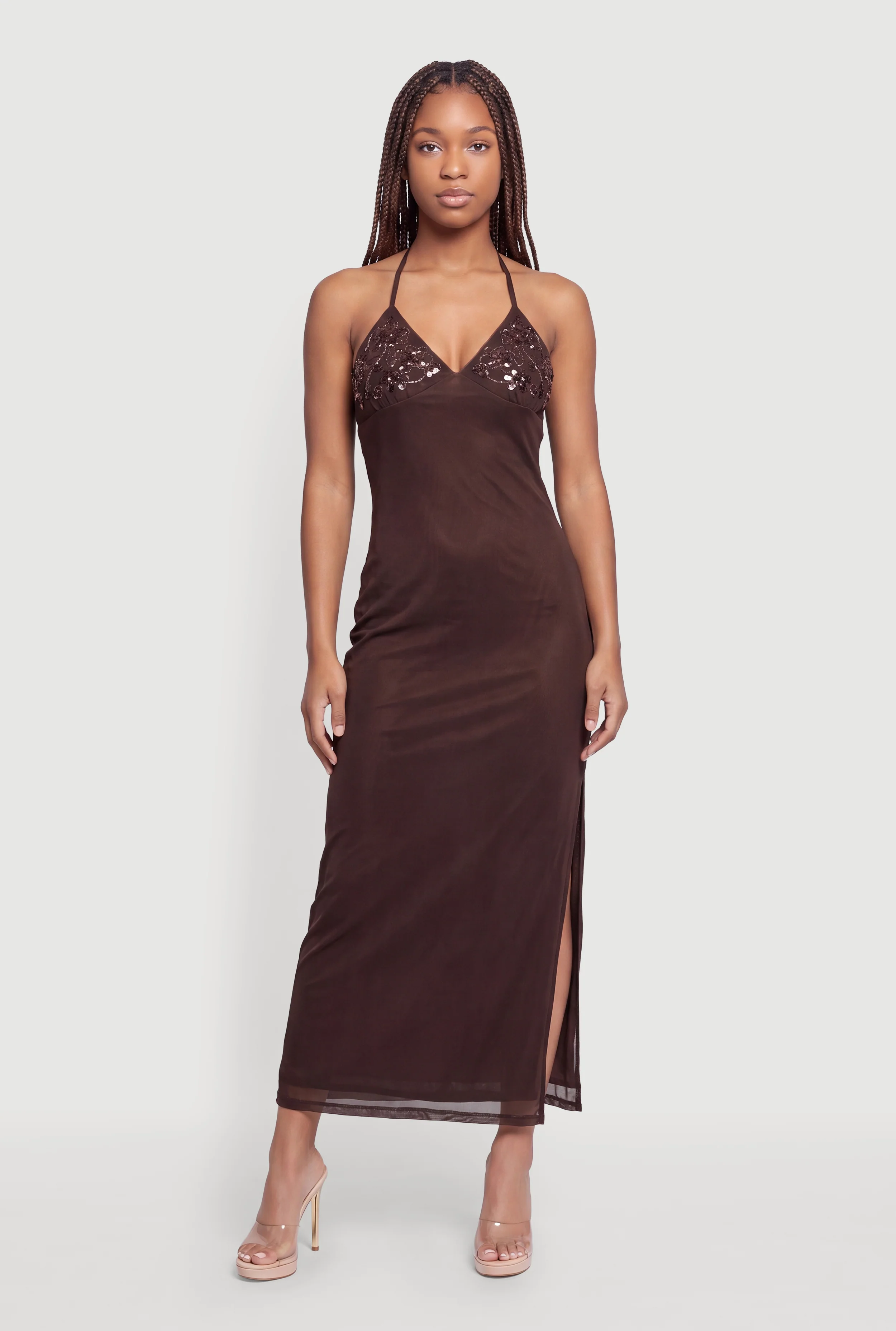 Sequin Detail Halter Open Back Maxi Dress