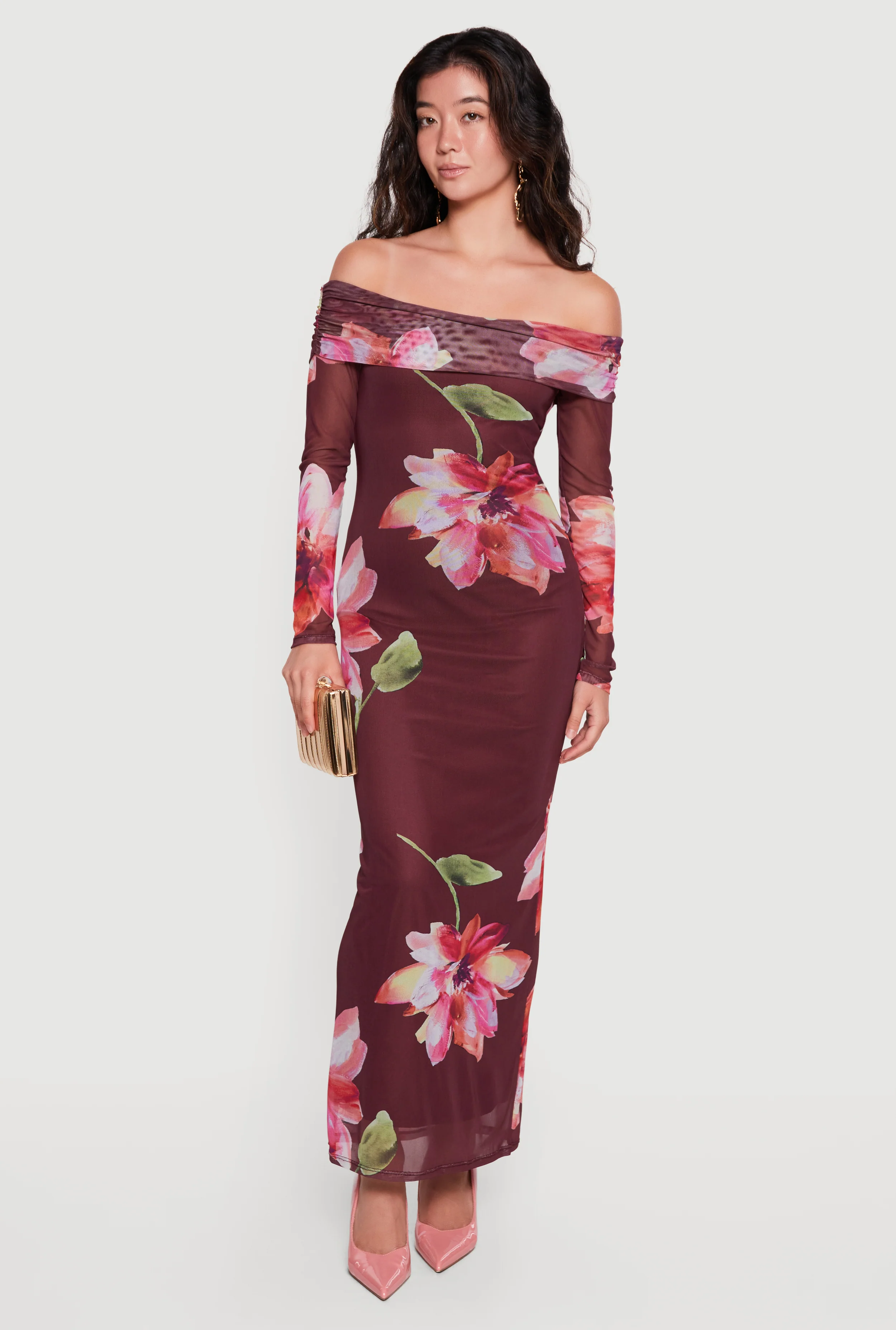 Floral Mesh Off The Shoulder Maxi Dress