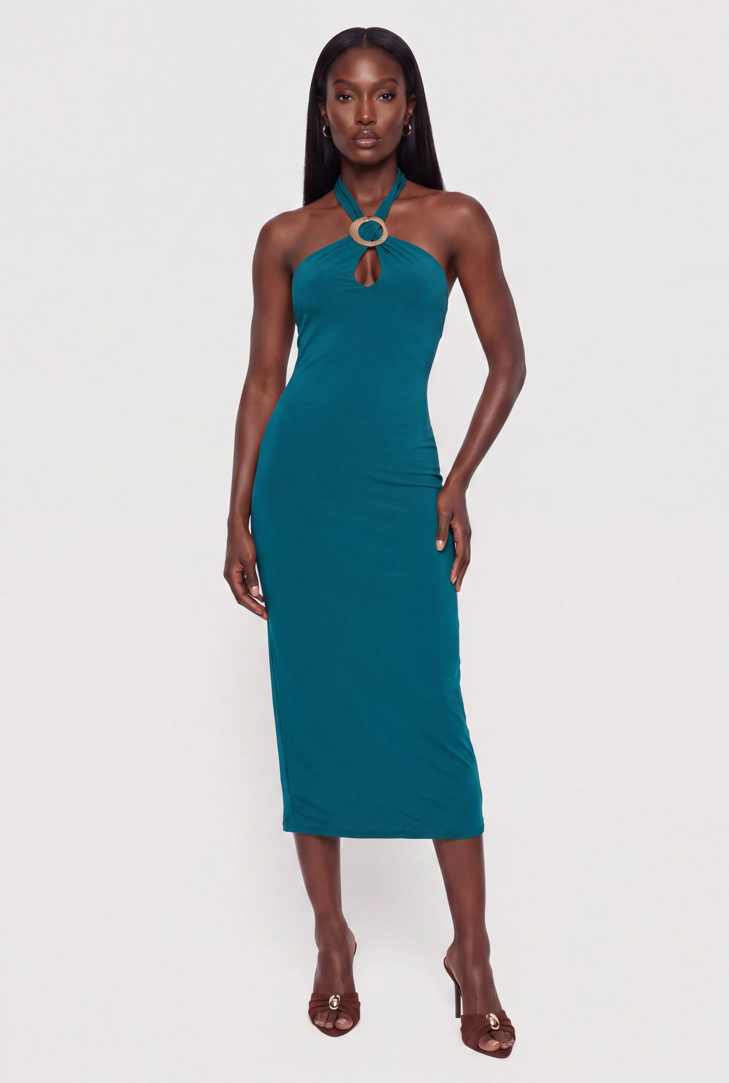 Crepe Knit O Ring Halter Midi Dress