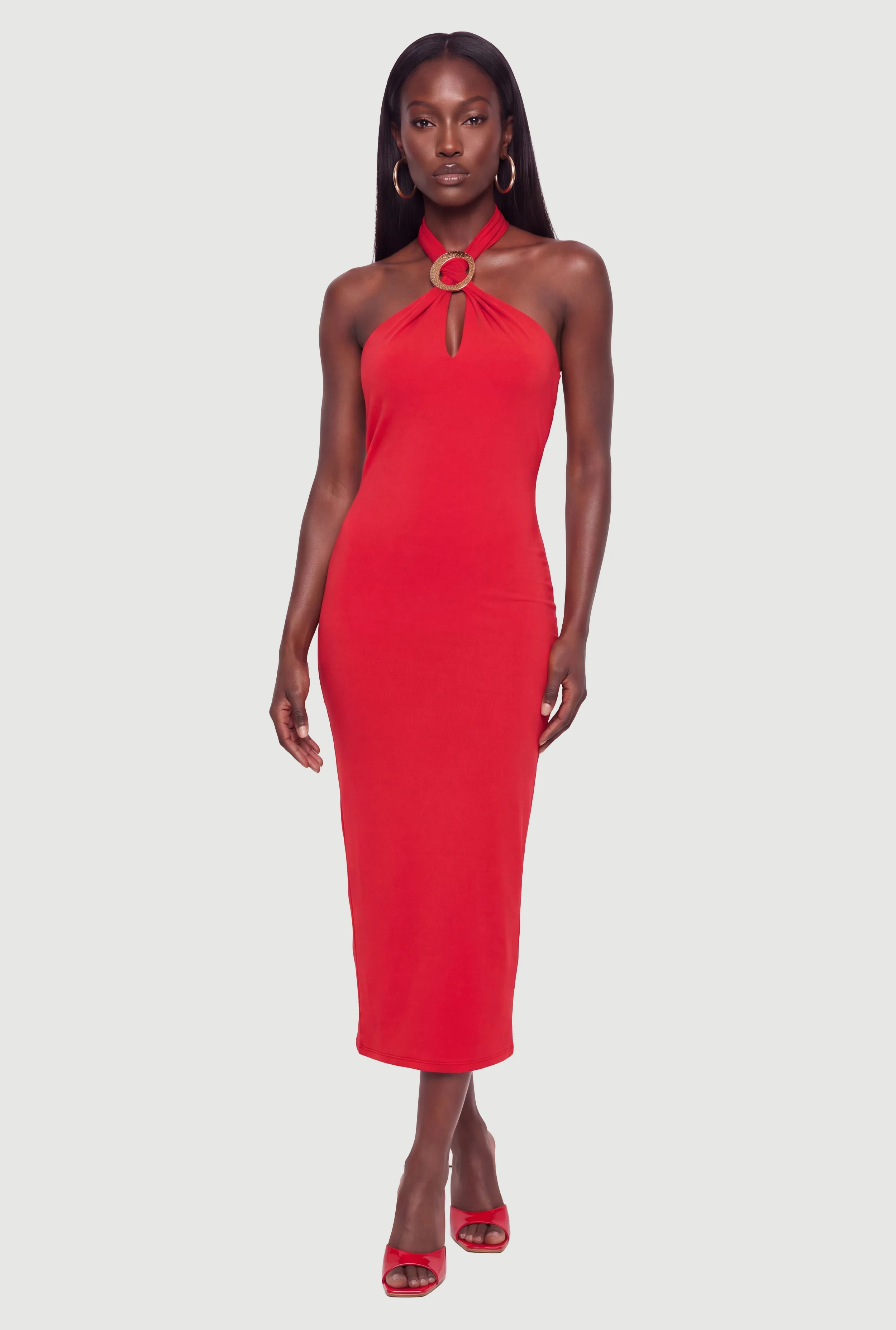 Crepe Knit O Ring Halter Midi Dress