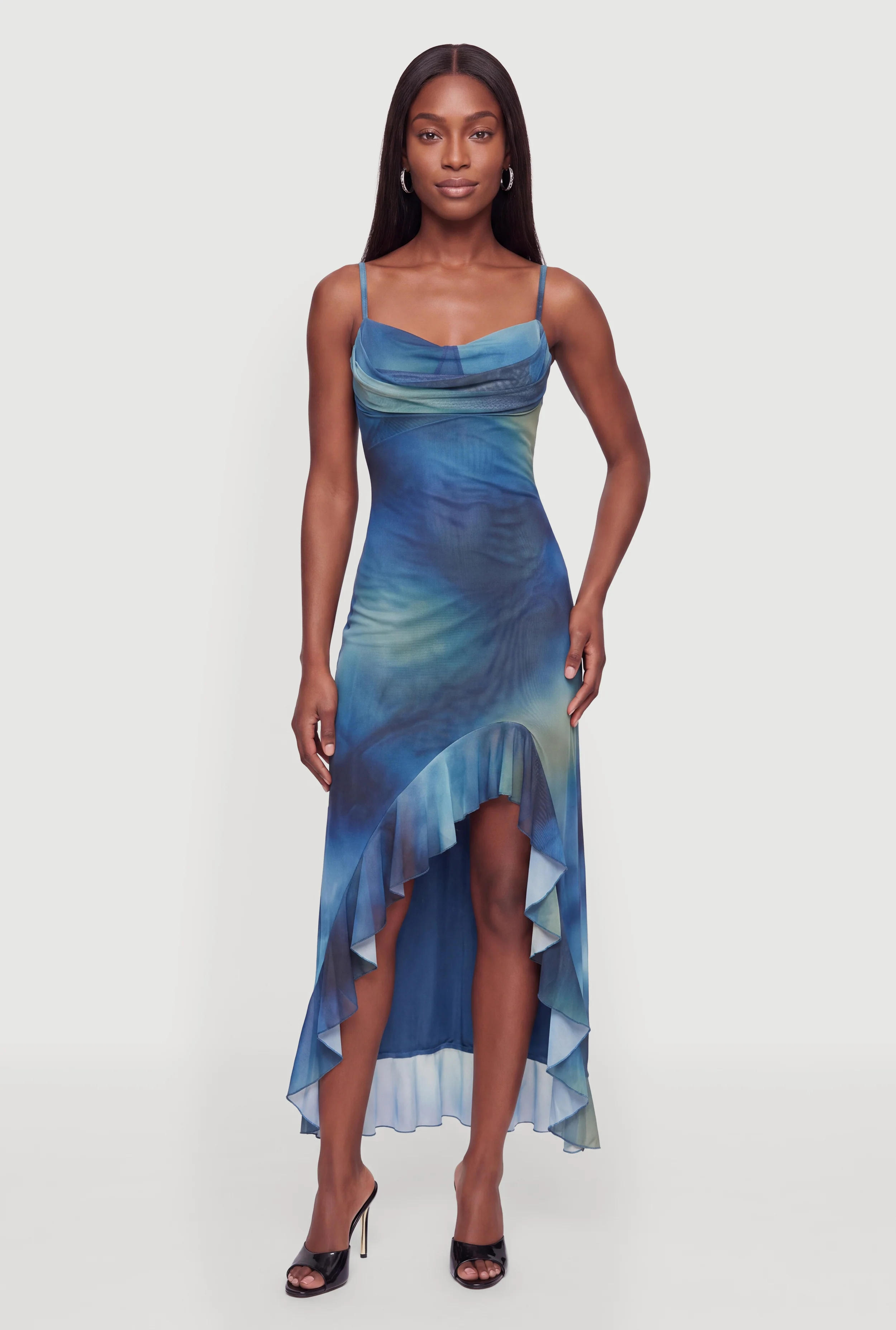 Printed Pattern Mesh Ruffle Trim Cowl Neck Bustier Maxi Dress