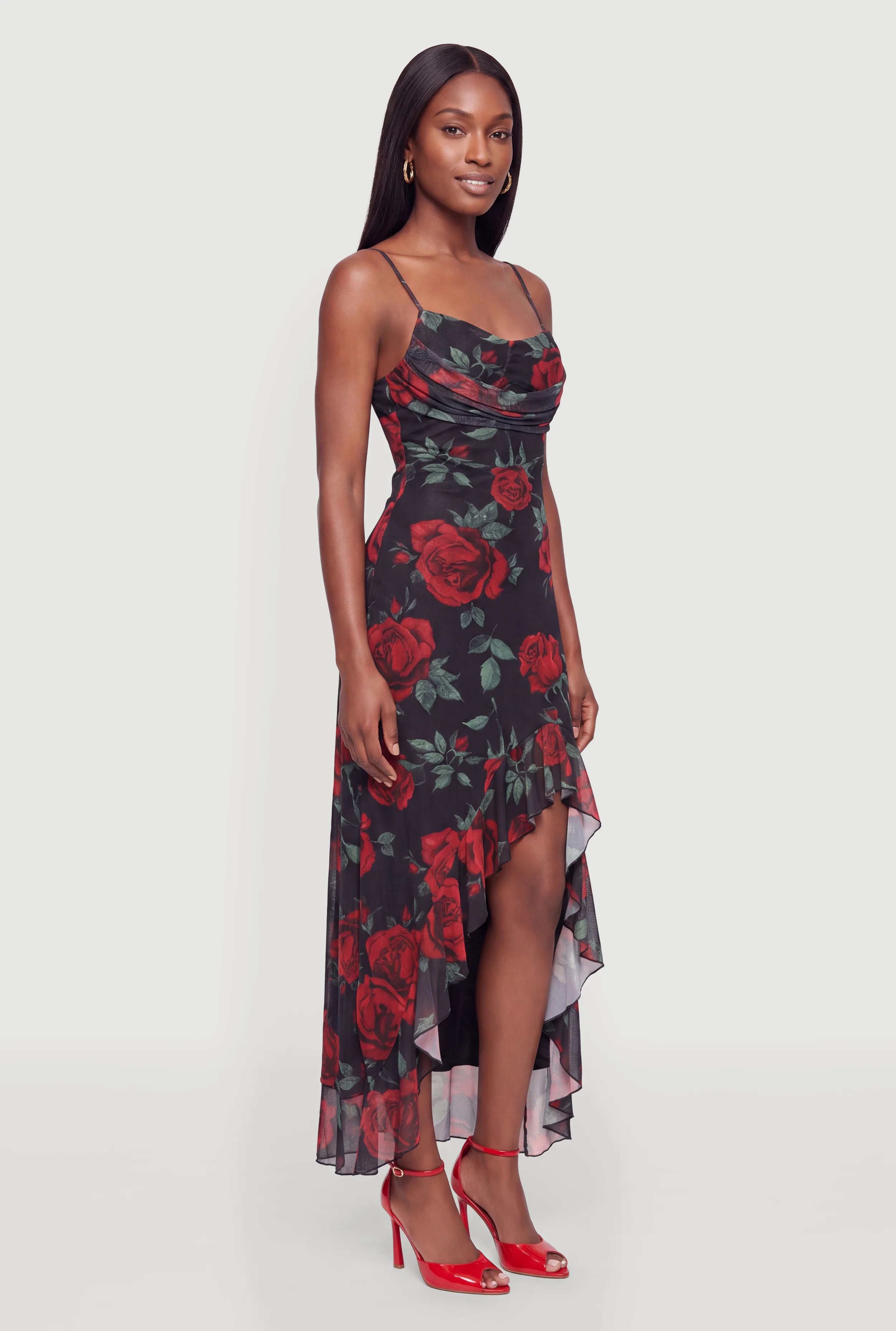 Printed Pattern Mesh Ruffle Trim Cowl Neck Bustier Maxi Dress
