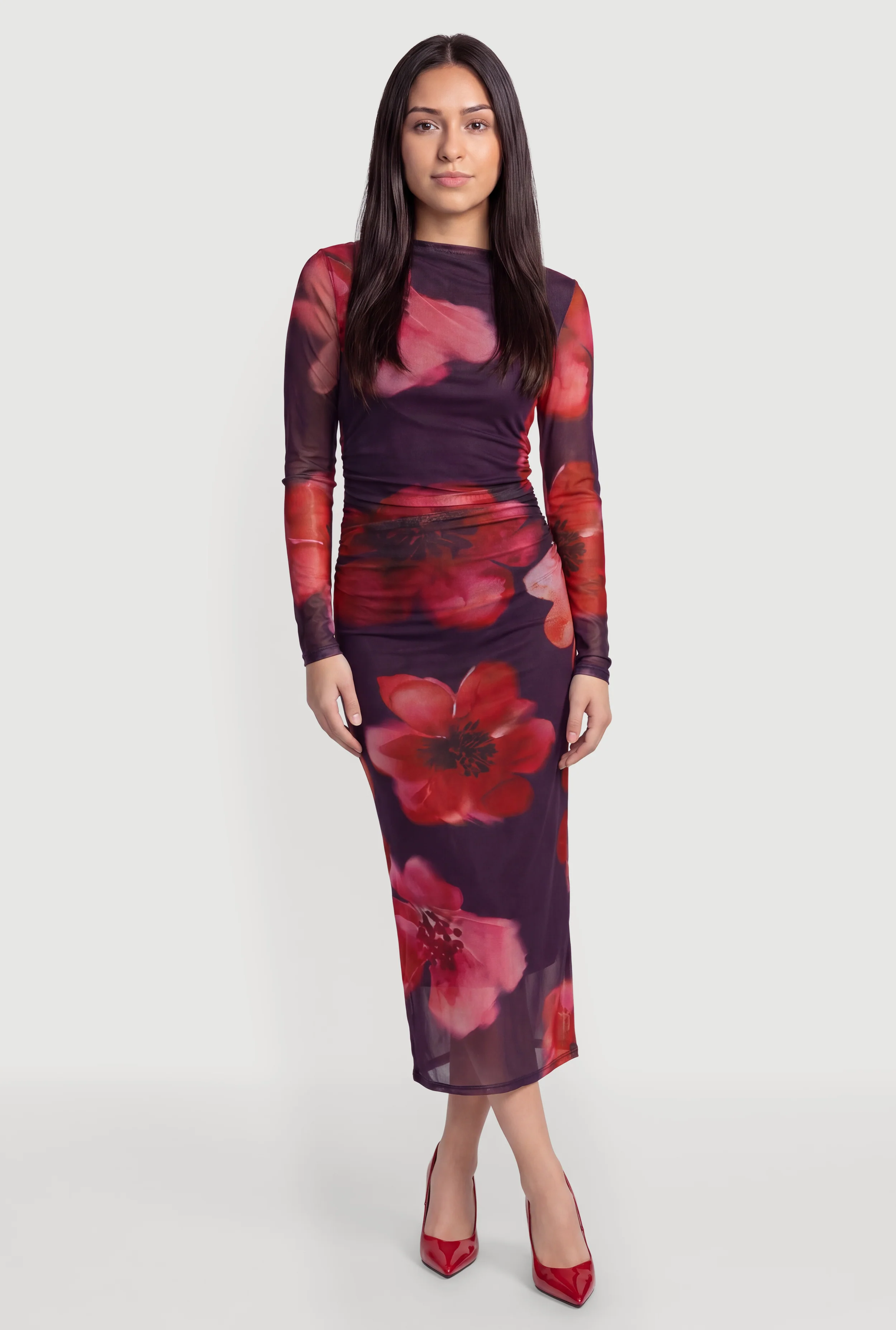 Long Sleeve Floral Ruched Mesh Maxi Dress