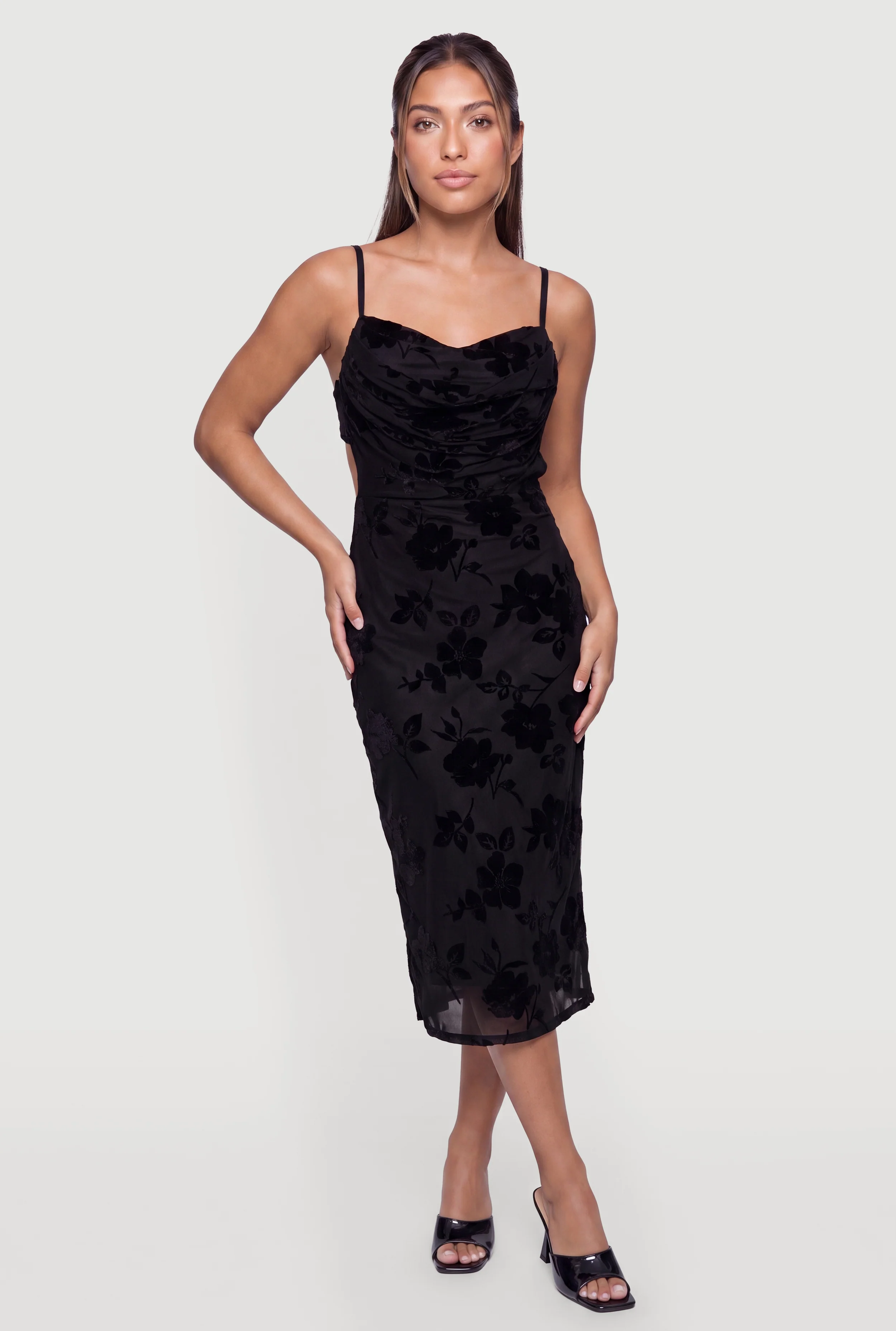 Floral Velvet Burnout Cowl Neck Bustier Midi Dress