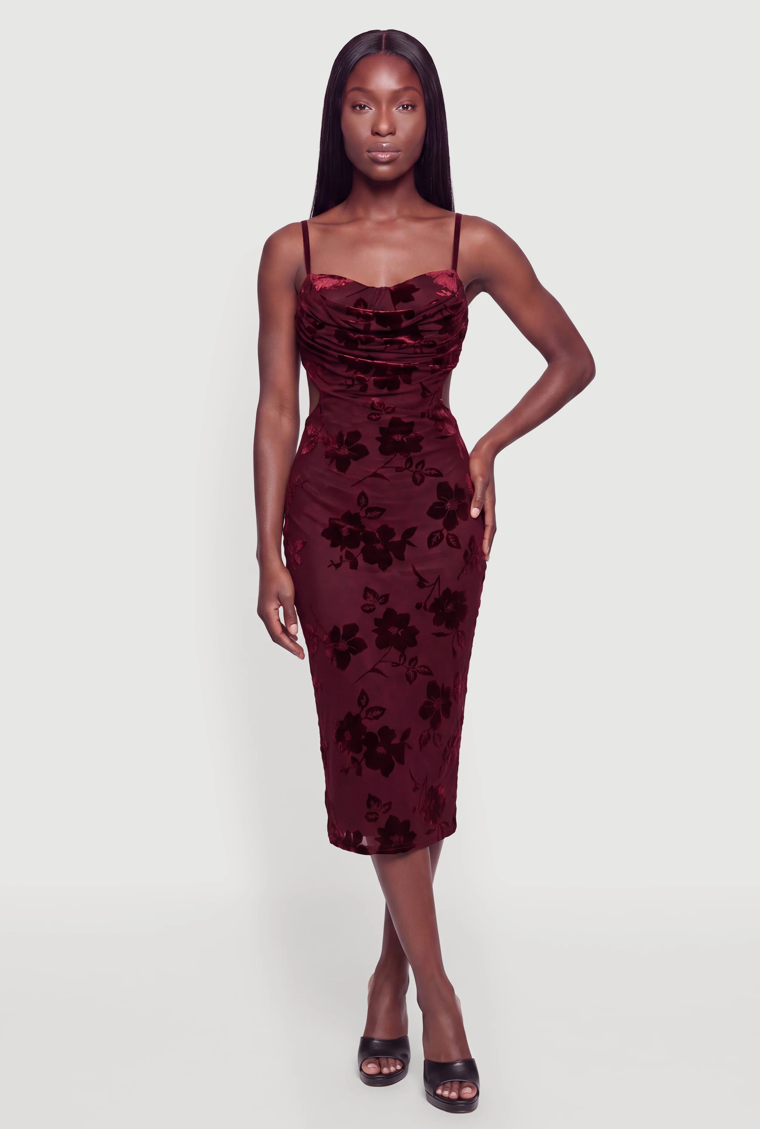Floral Velvet Burnout Cowl Neck Bustier Midi Dress