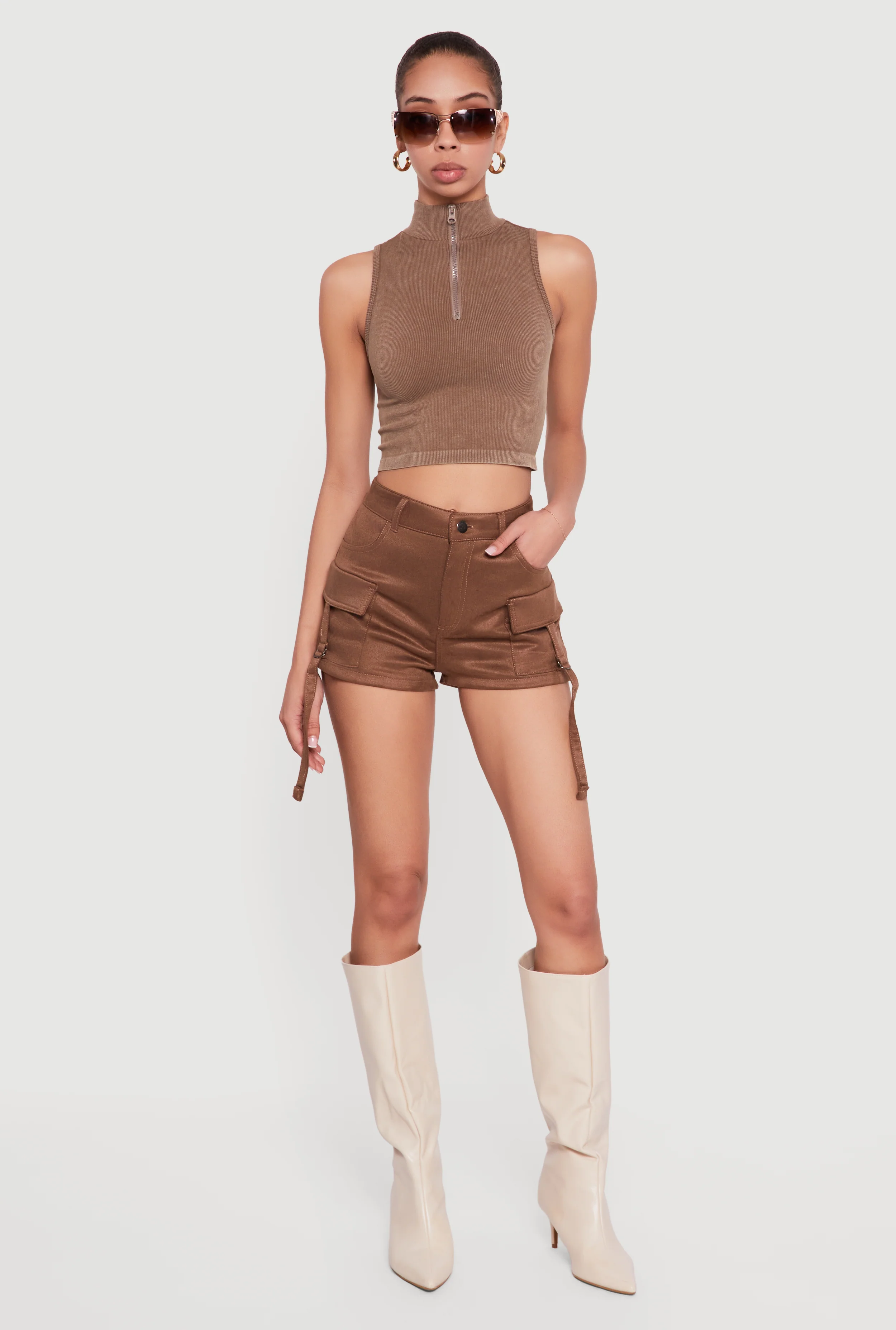 Faux Suede Tabbed Cargo Pocket Shorts