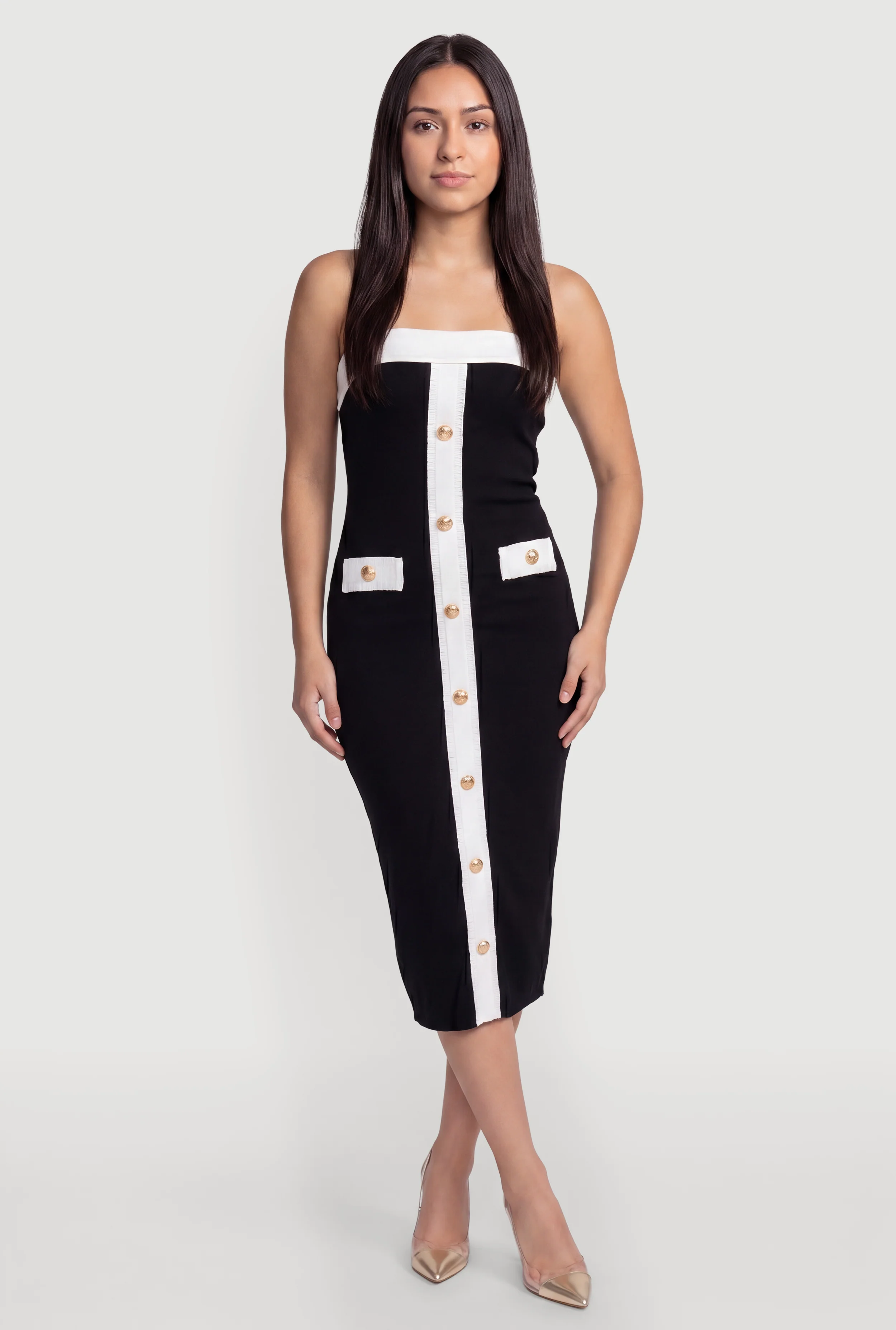Metallic Faux Button Contrast Trim Strapless Dress